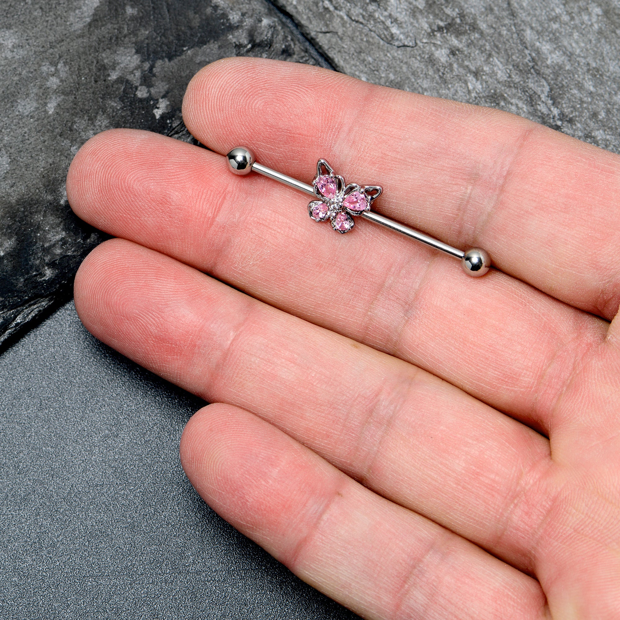 14 Gauge Pink Gem Baroque Beauty Butterfly Industrial Barbell 38mm