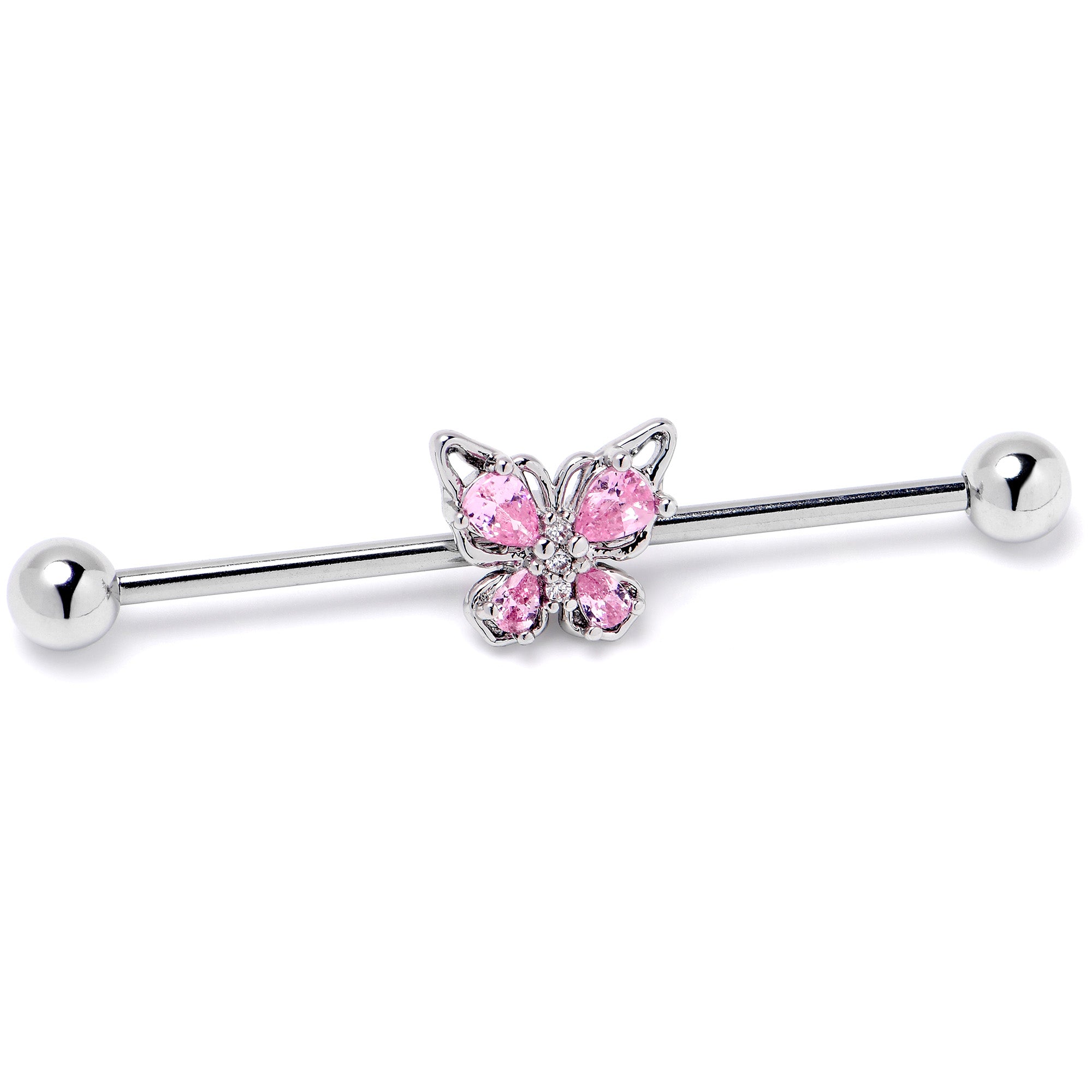 14 Gauge Pink Gem Baroque Beauty Butterfly Industrial Barbell 38mm