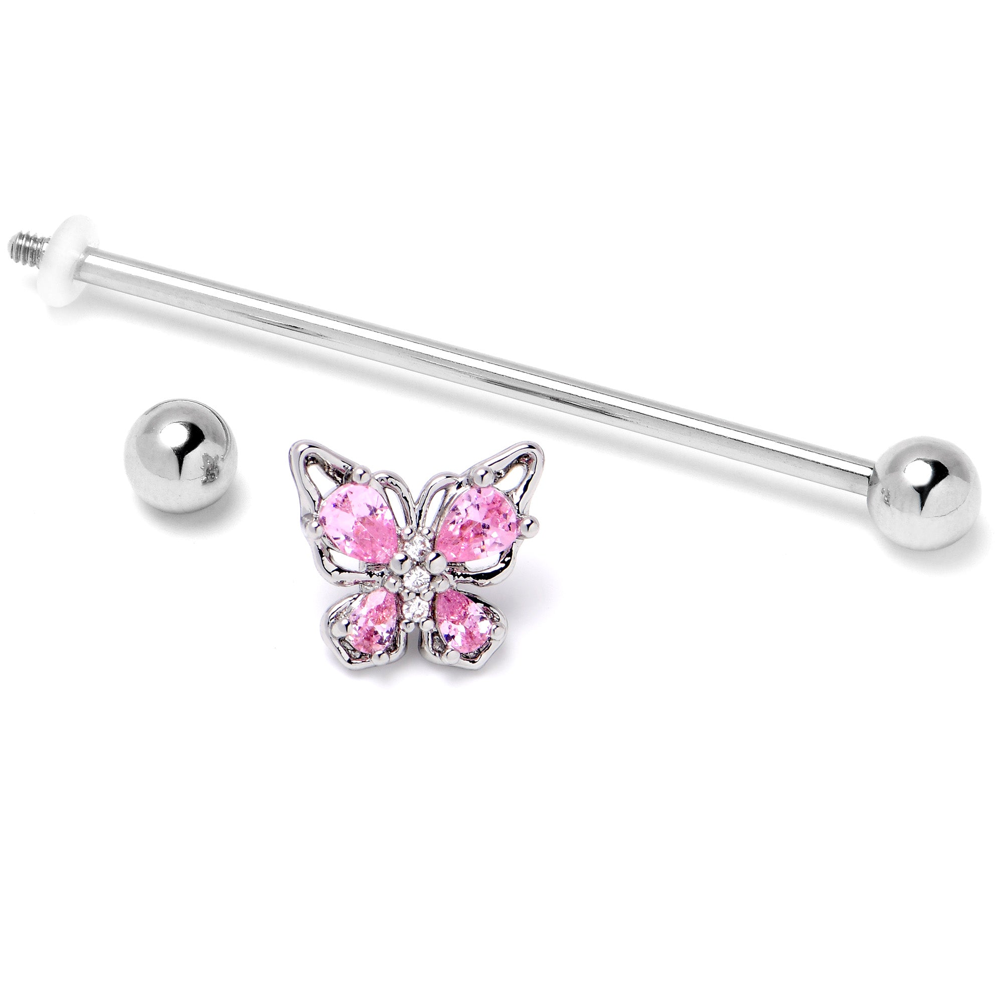 14 Gauge Pink Gem Baroque Beauty Butterfly Industrial Barbell 38mm