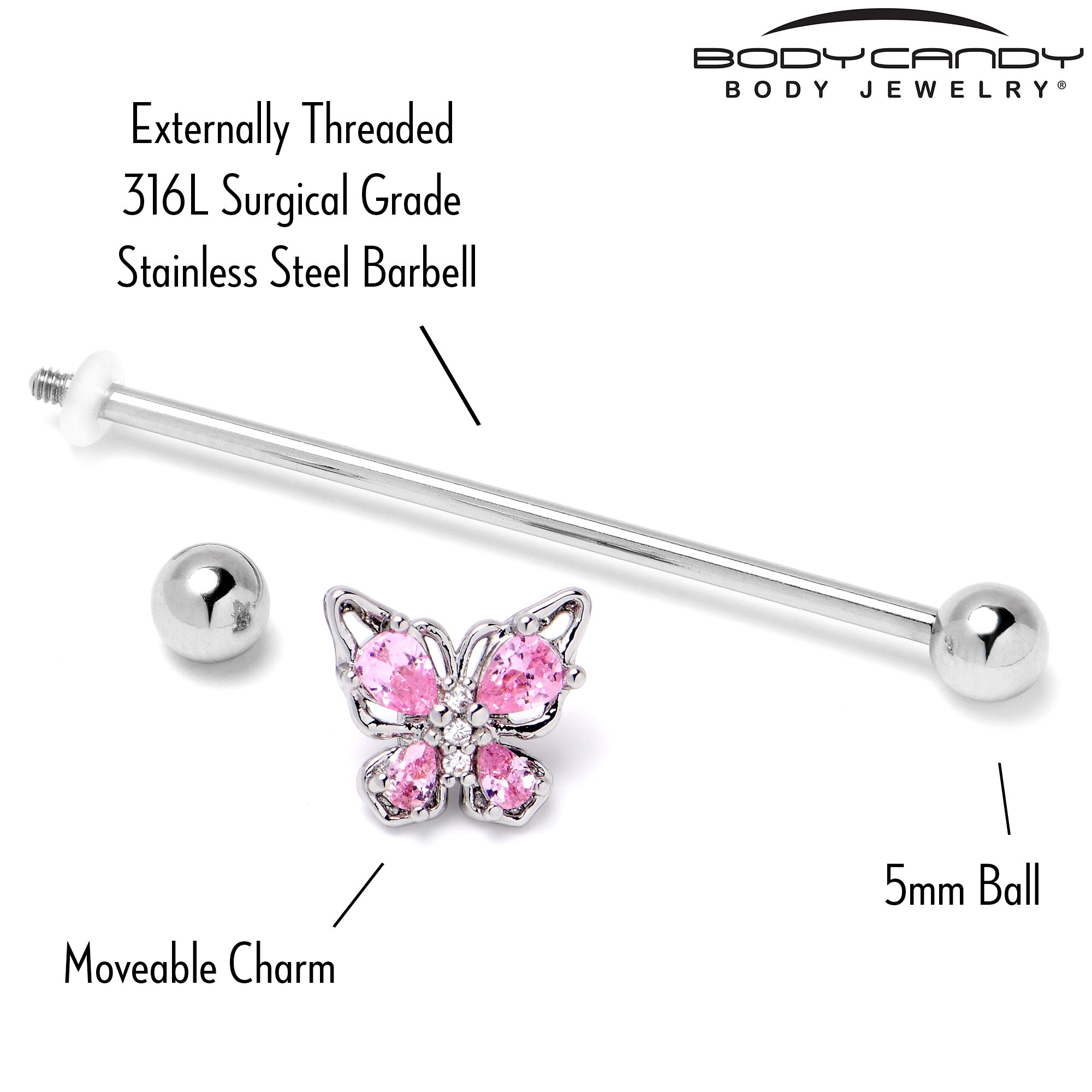 14 Gauge Pink Gem Baroque Beauty Butterfly Industrial Barbell 38mm