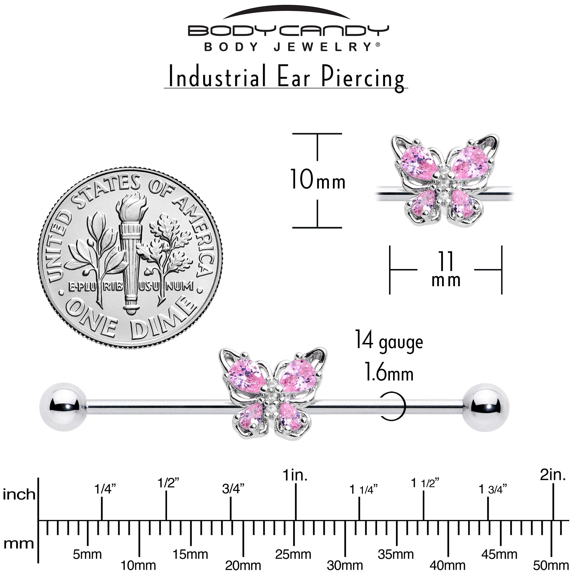 14 Gauge Pink Gem Baroque Beauty Butterfly Industrial Barbell 38mm