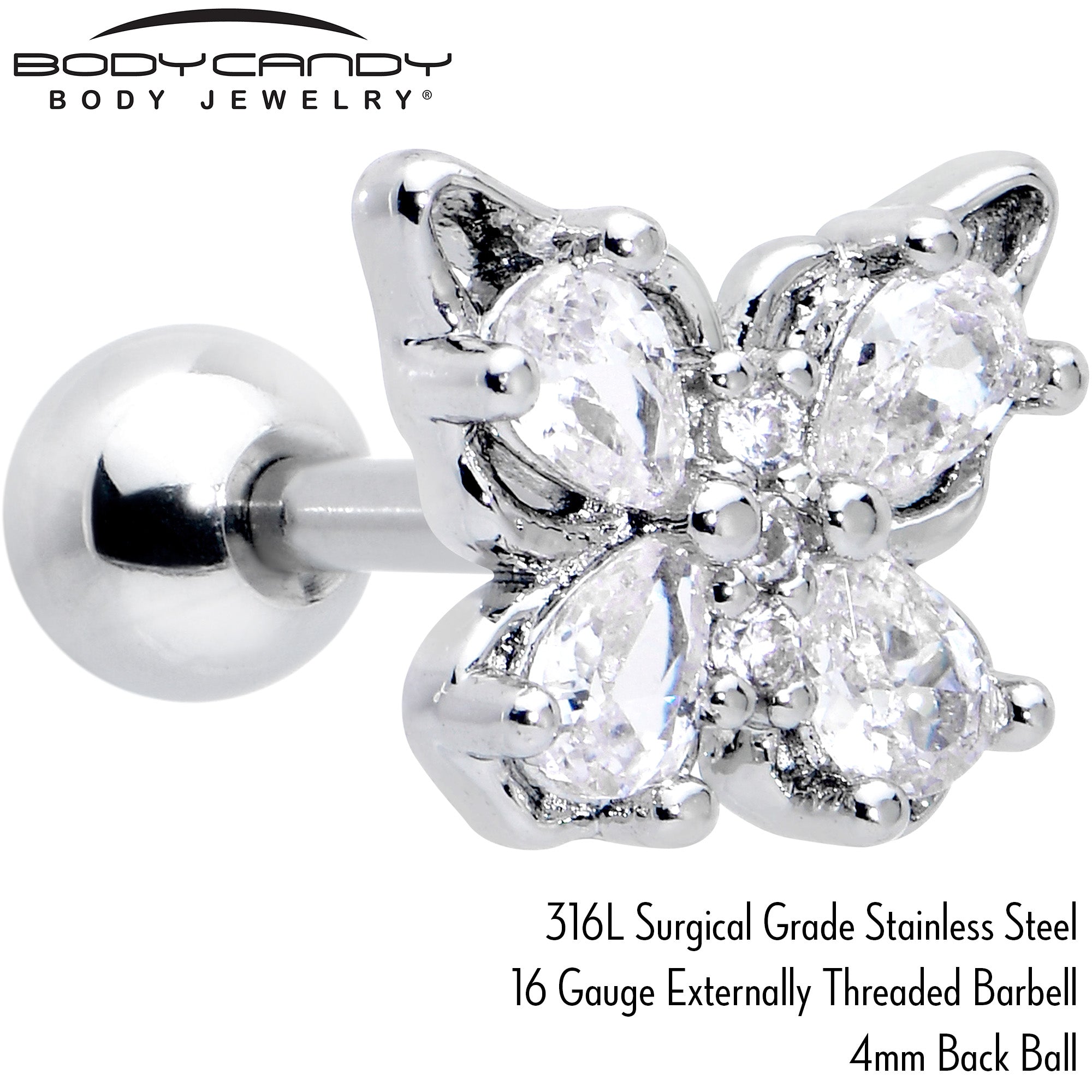 16 Gauge 1/4 Clear Gem Baroque Beauty Butterfly Cartilage Tragus Earring