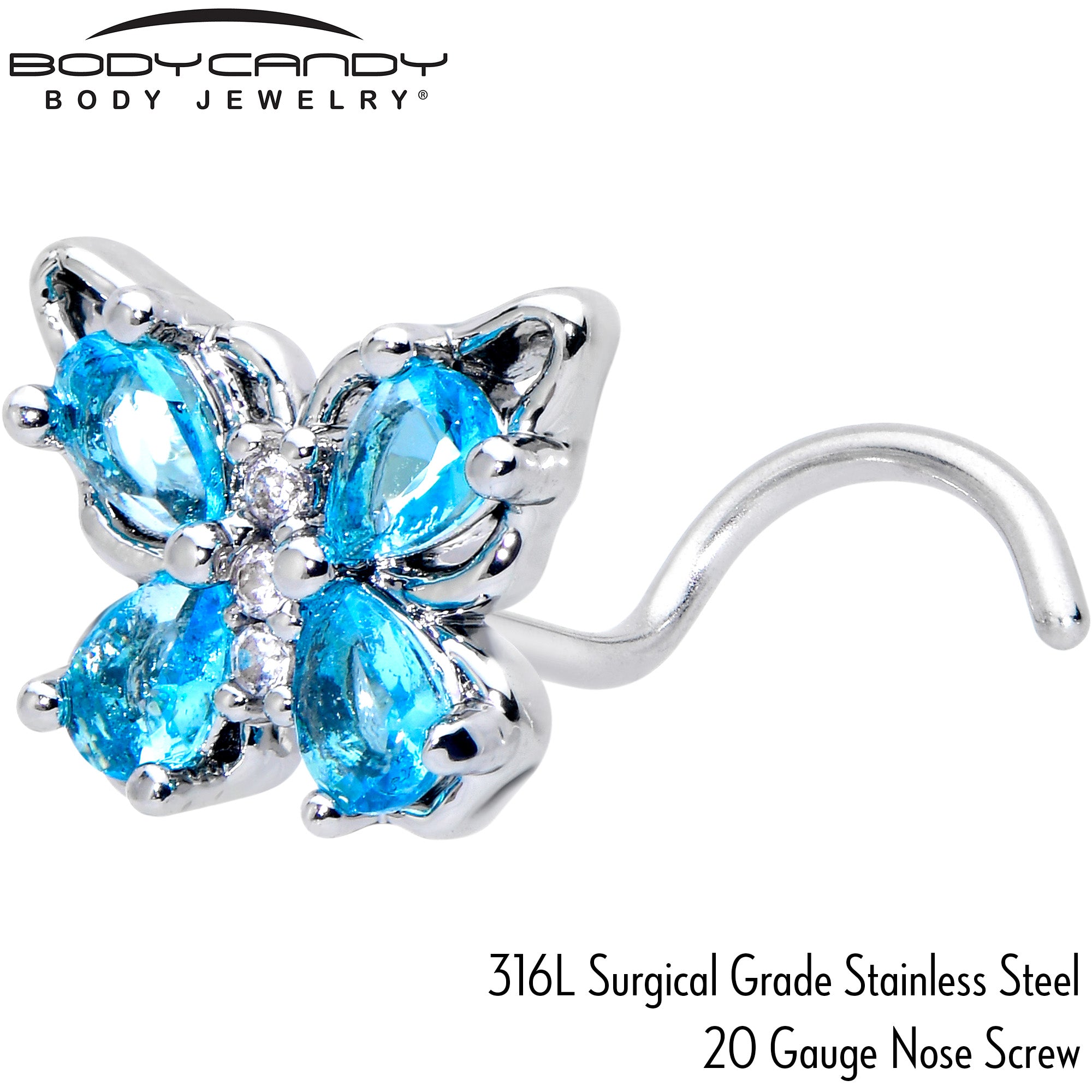 20 Gauge 7mm Blue Gem Baroque Beauty Butterfly Left Side Nose Screw