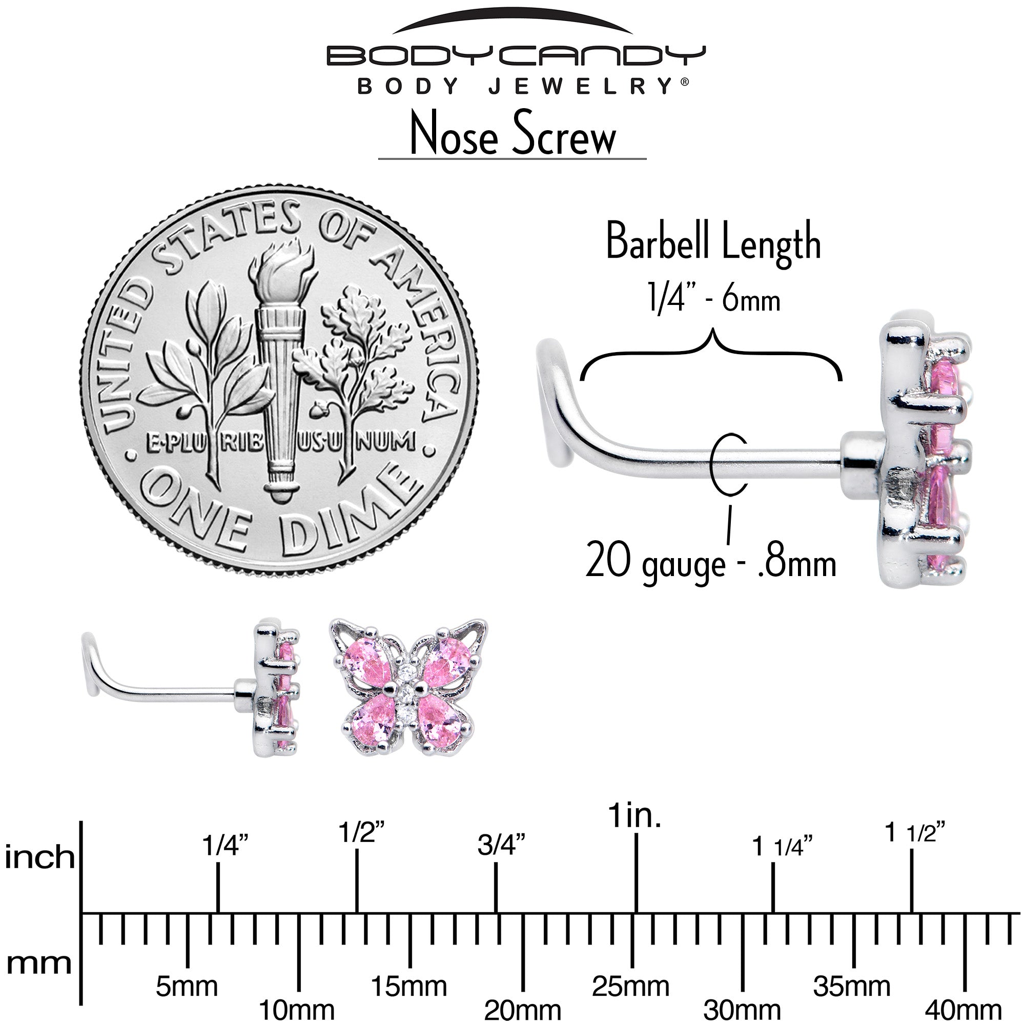 20 Gauge 7mm Pink Gem Baroque Beauty Butterfly Left Side Nose Screw