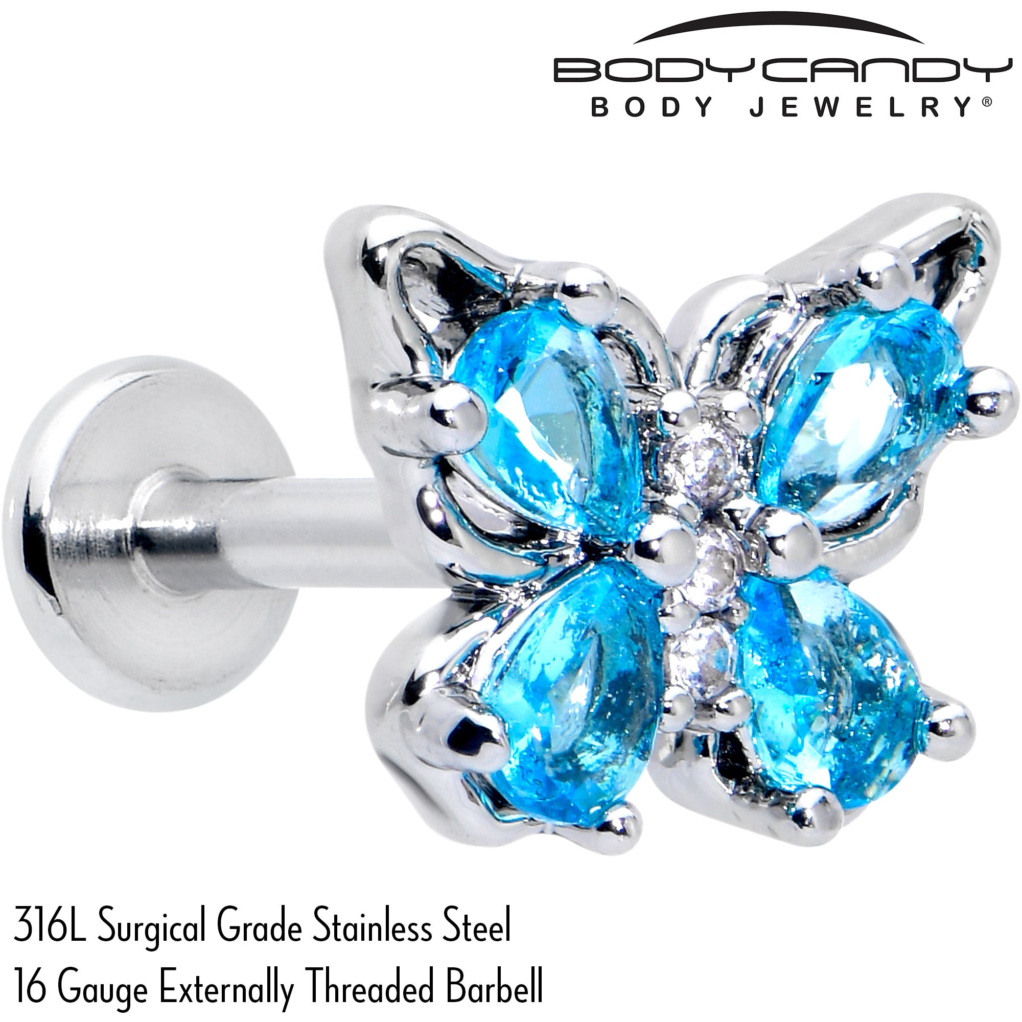 16 Gauge 5/16 Blue Gem Baroque Butterfly Internally Threaded Labret