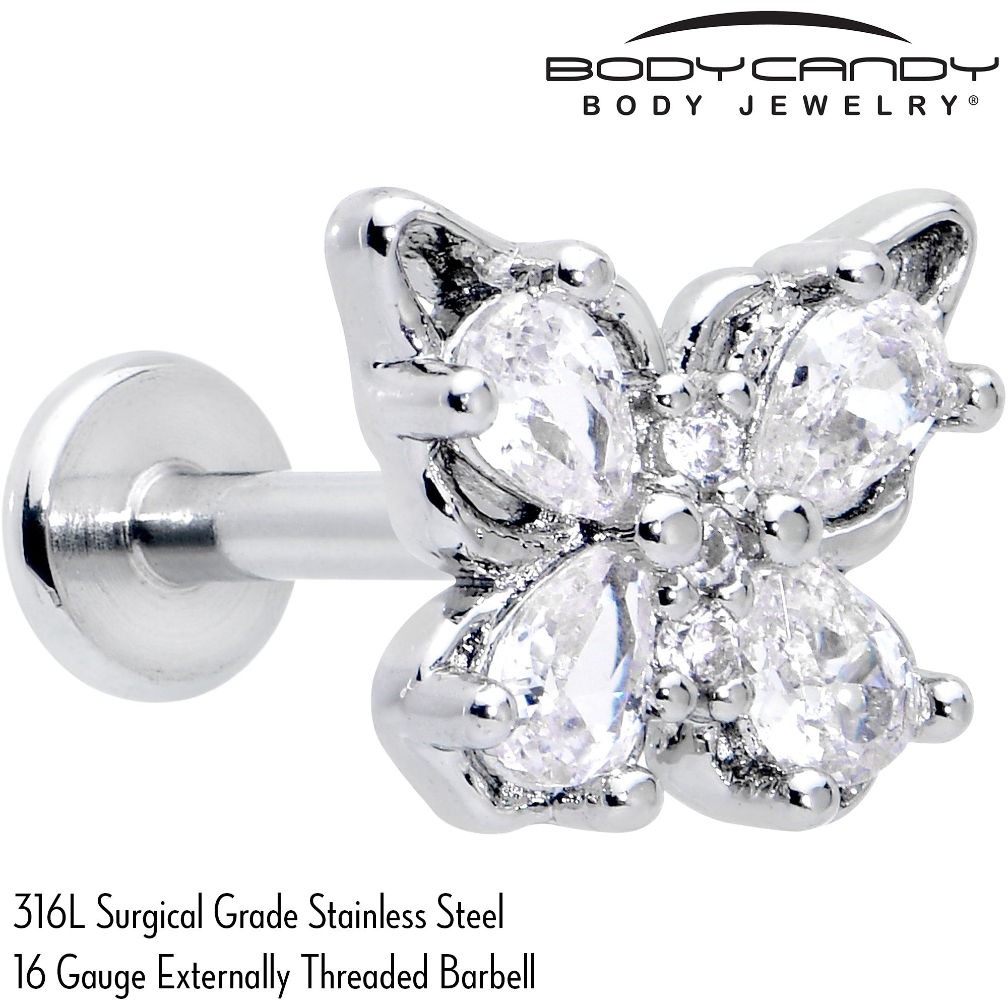 16 Gauge 5/16 Clear Gem Baroque Butterfly Internally Threaded Labret