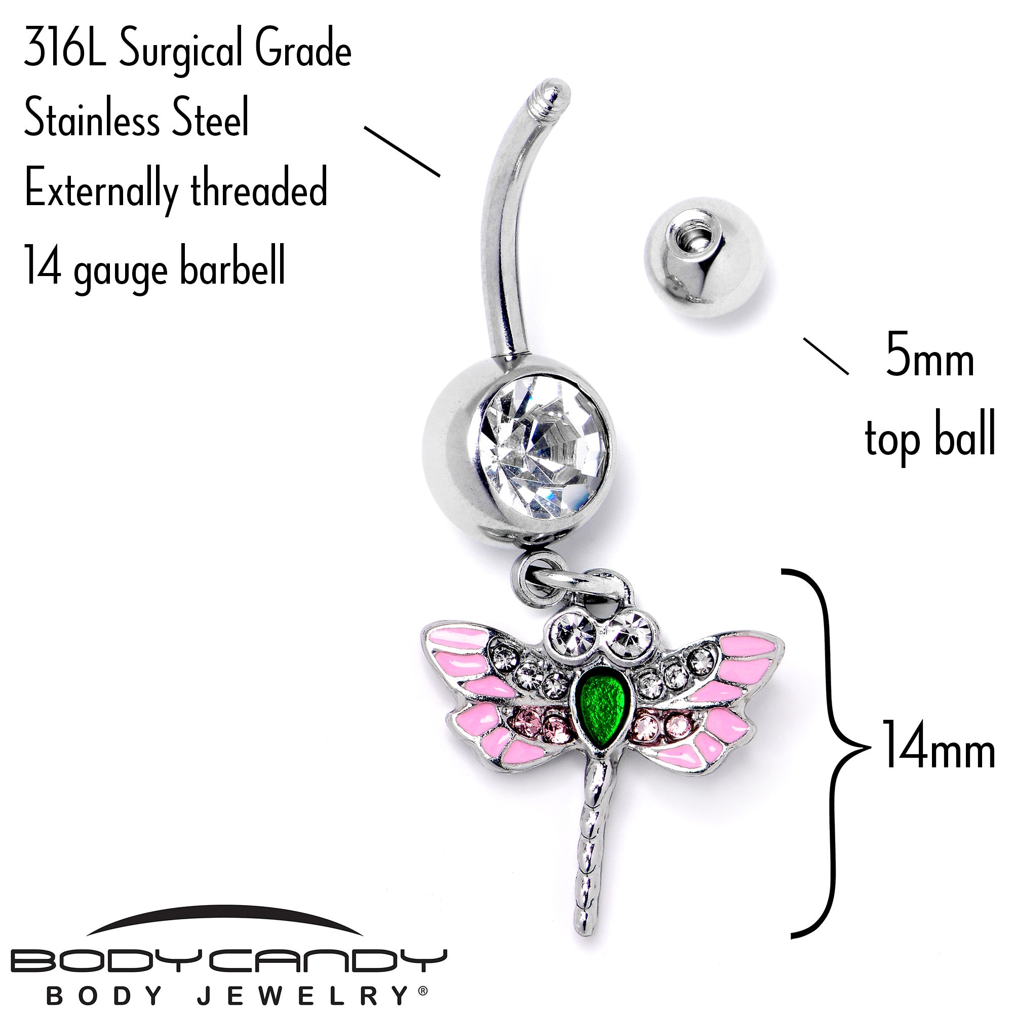 Pink Clear Gem Bright Dragonfly Pink Dangle Belly Ring