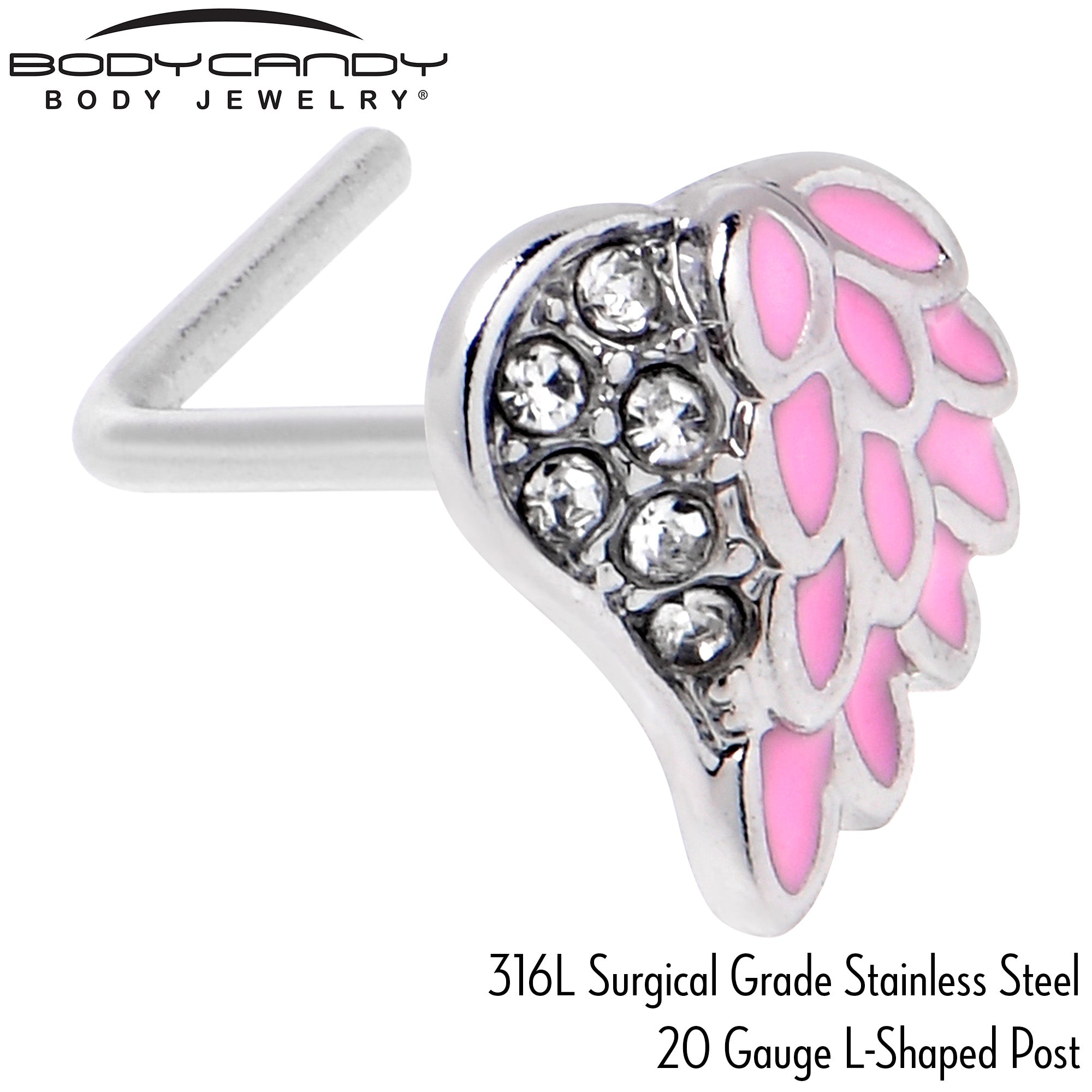 20 Gauge 7mm Clear Gem Heavenly Heart Angel Wing Pink L Shape Nose Ring