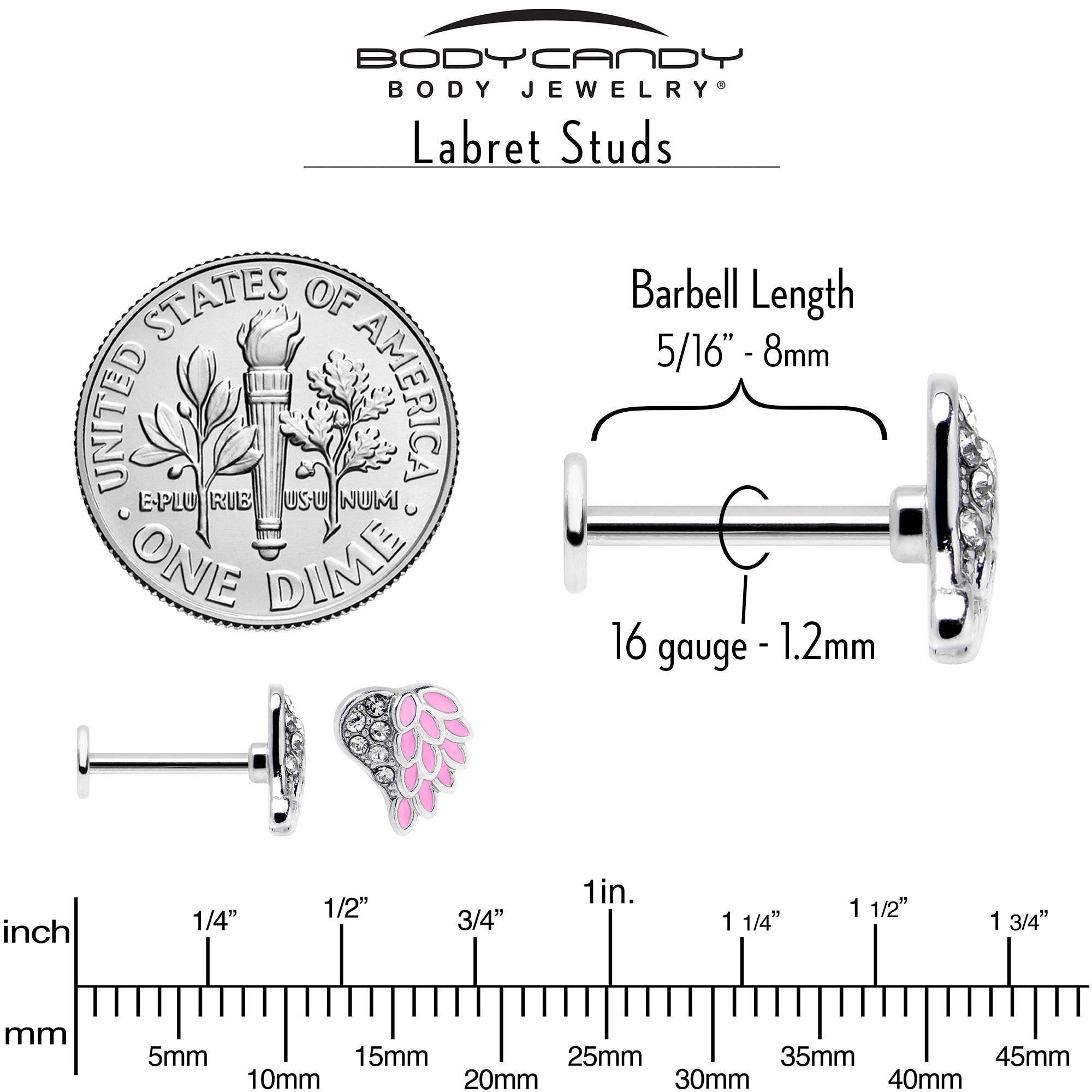 16 Gauge 5/16 Clear Gem Heavenly Heart Angel Wing Pink Labret Tragus