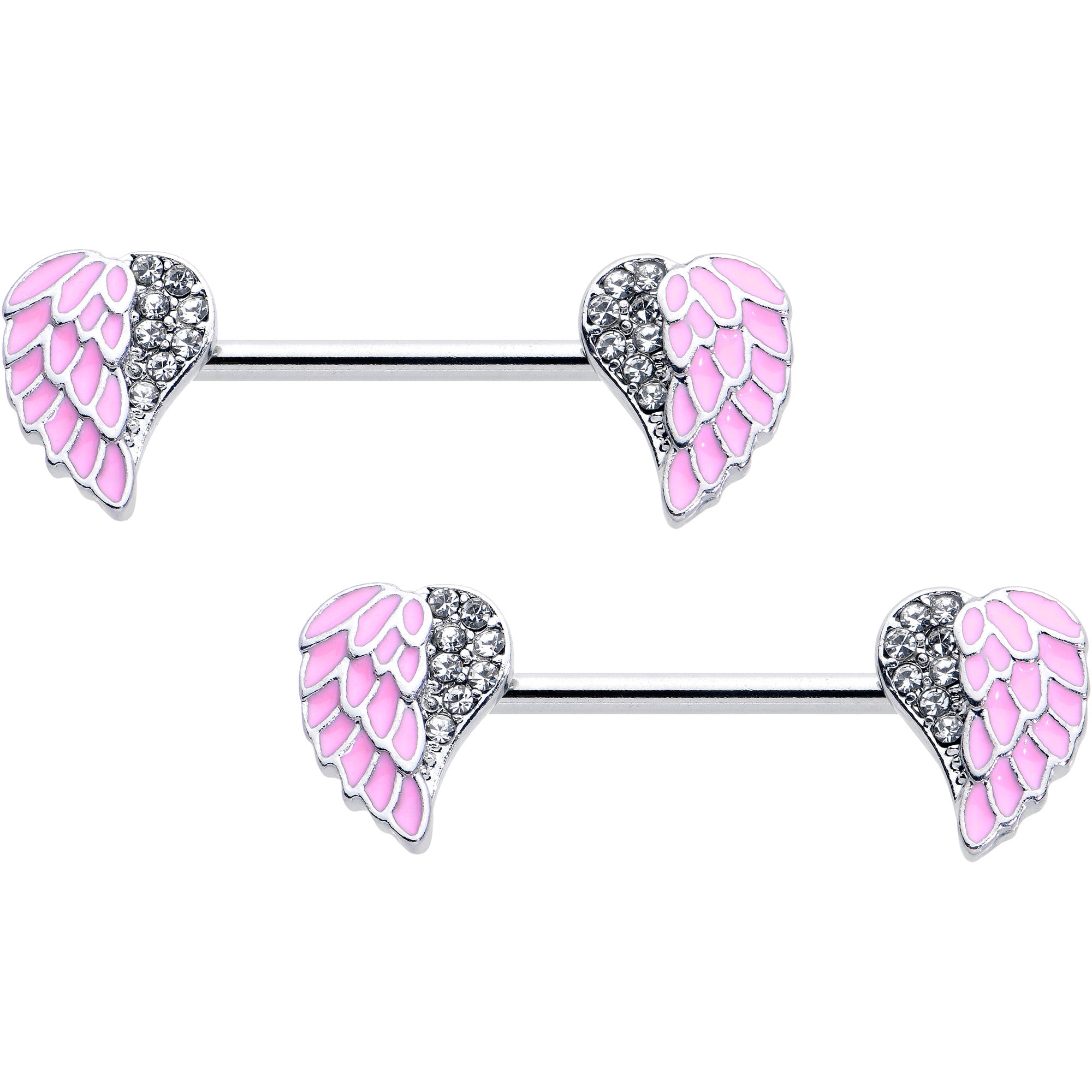 14 Gauge 9/16 Clear Gem Heavenly Heart Angel Wing Pink Nipple Ring Set