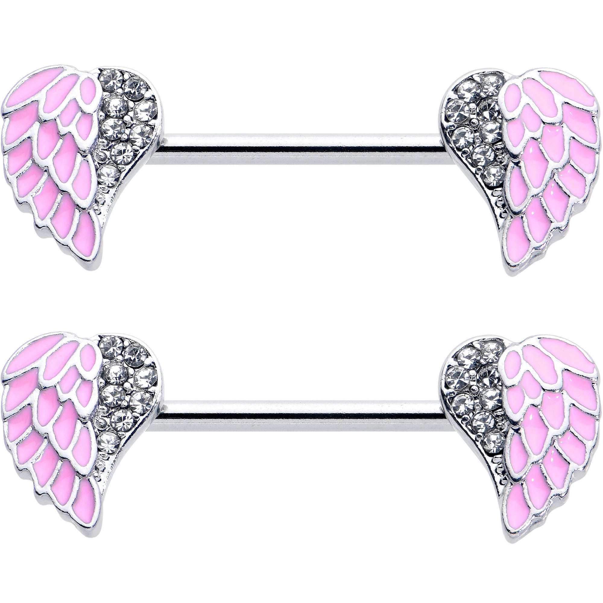 14 Gauge 9/16 Clear Gem Heavenly Heart Angel Wing Pink Nipple Ring Set