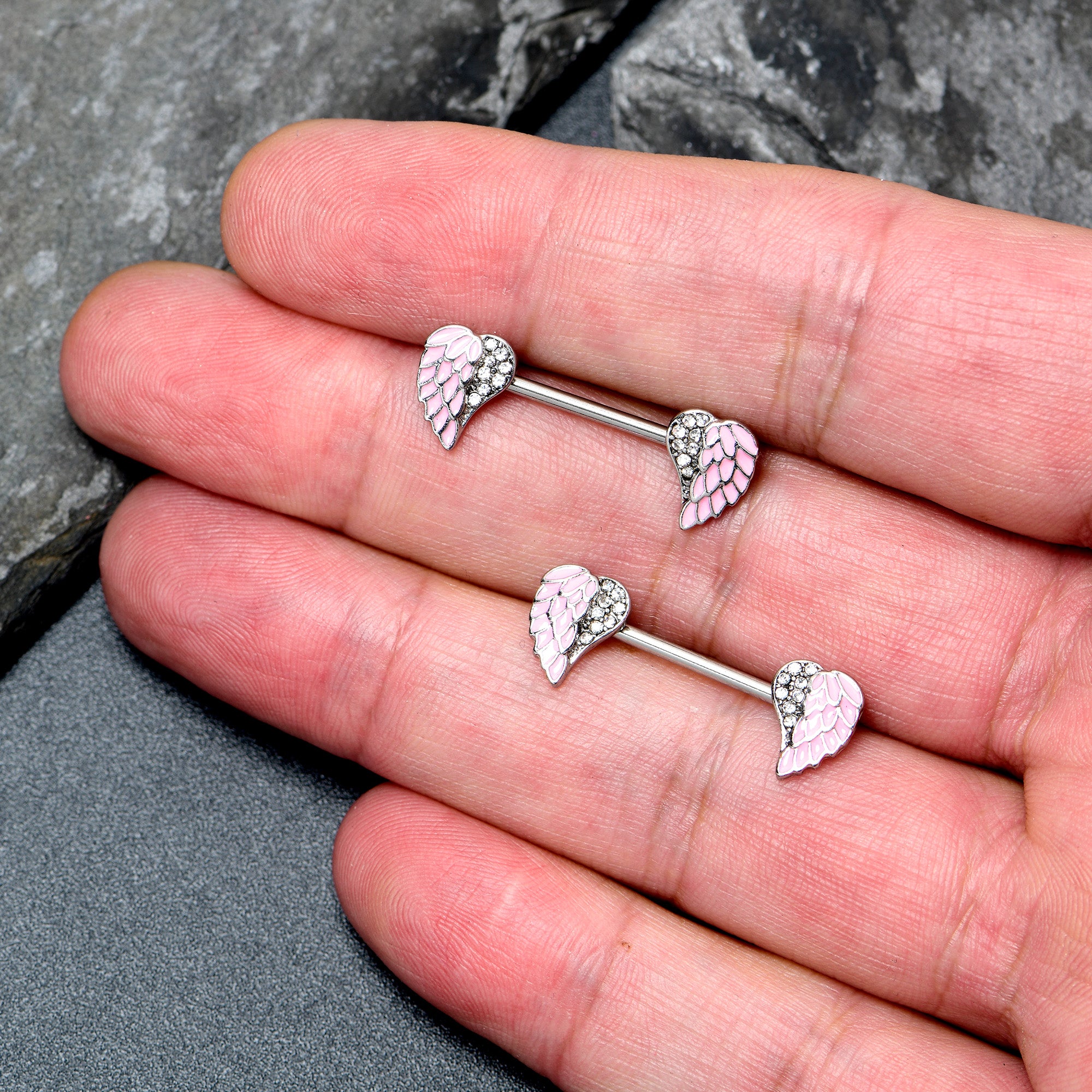 14 Gauge 9/16 Clear Gem Heavenly Heart Angel Wing Pink Nipple Ring Set