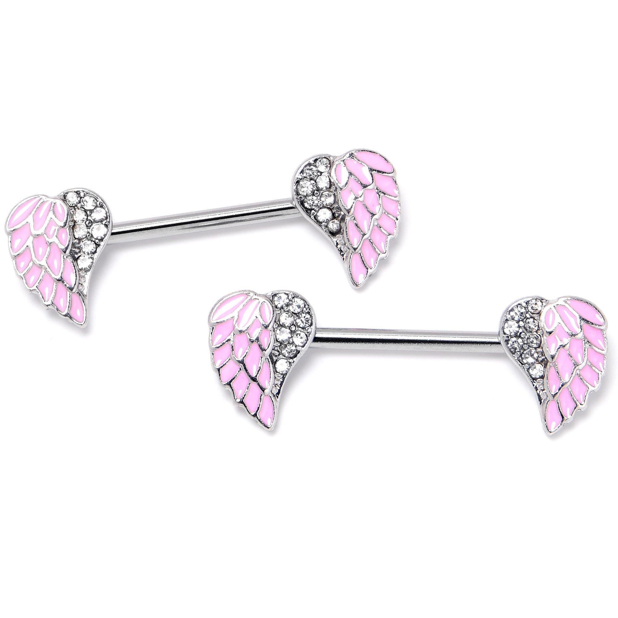 14 Gauge 9/16 Clear Gem Heavenly Heart Angel Wing Pink Nipple Ring Set