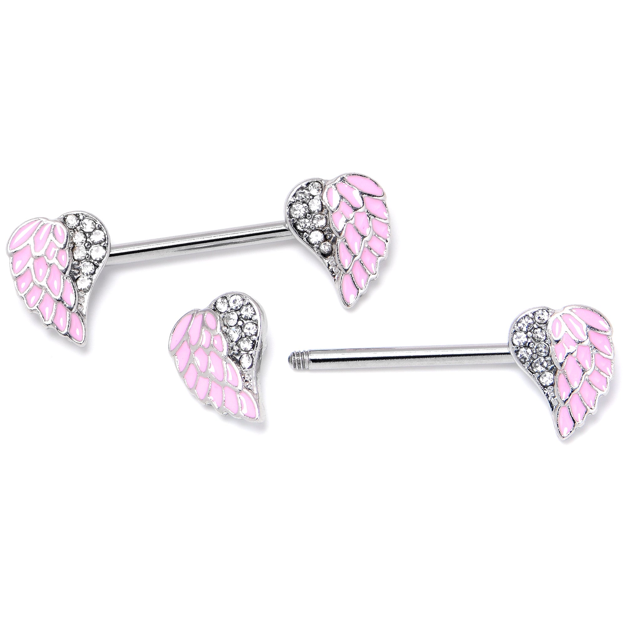 14 Gauge 9/16 Clear Gem Heavenly Heart Angel Wing Pink Nipple Ring Set