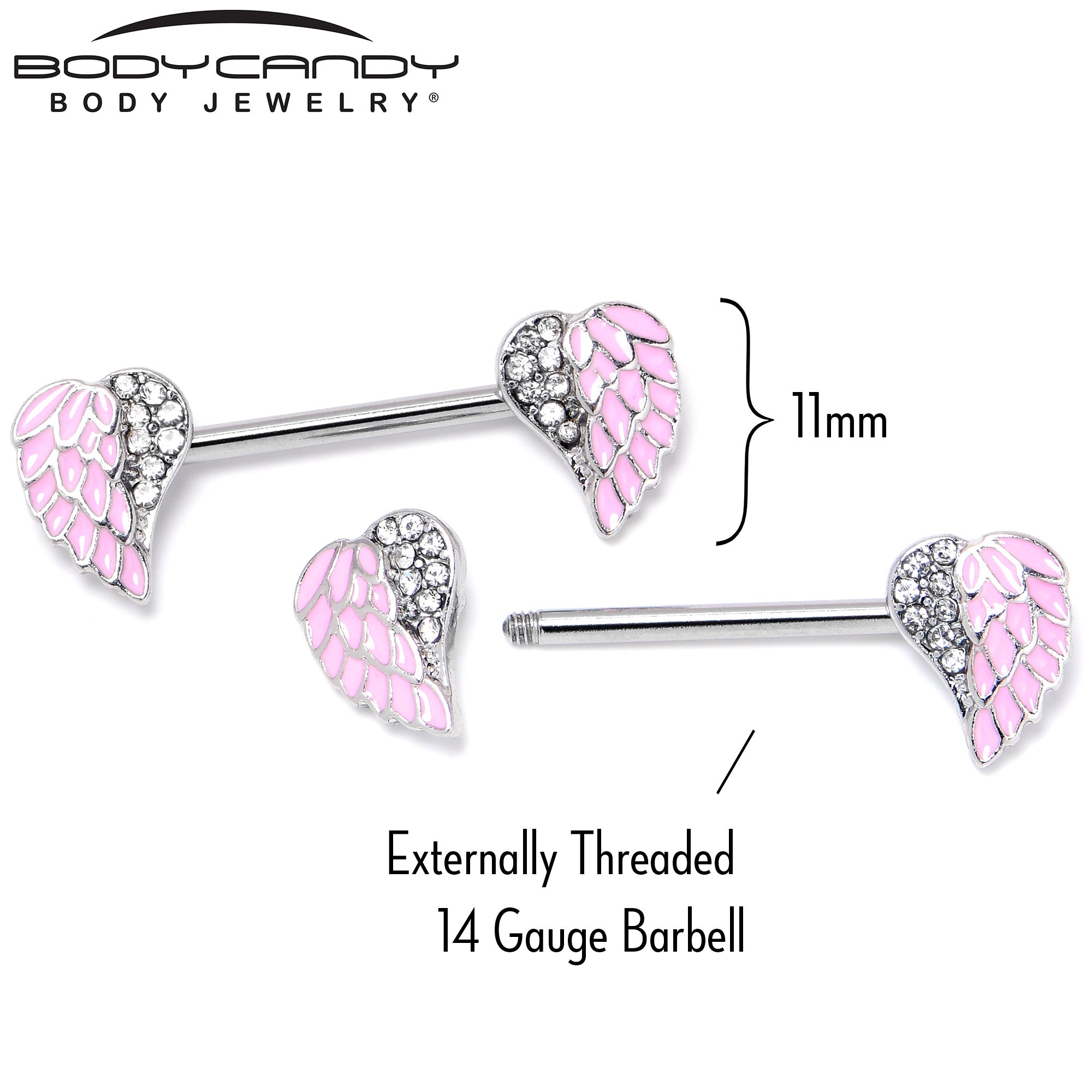 14 Gauge 9/16 Clear Gem Heavenly Heart Angel Wing Pink Nipple Ring Set