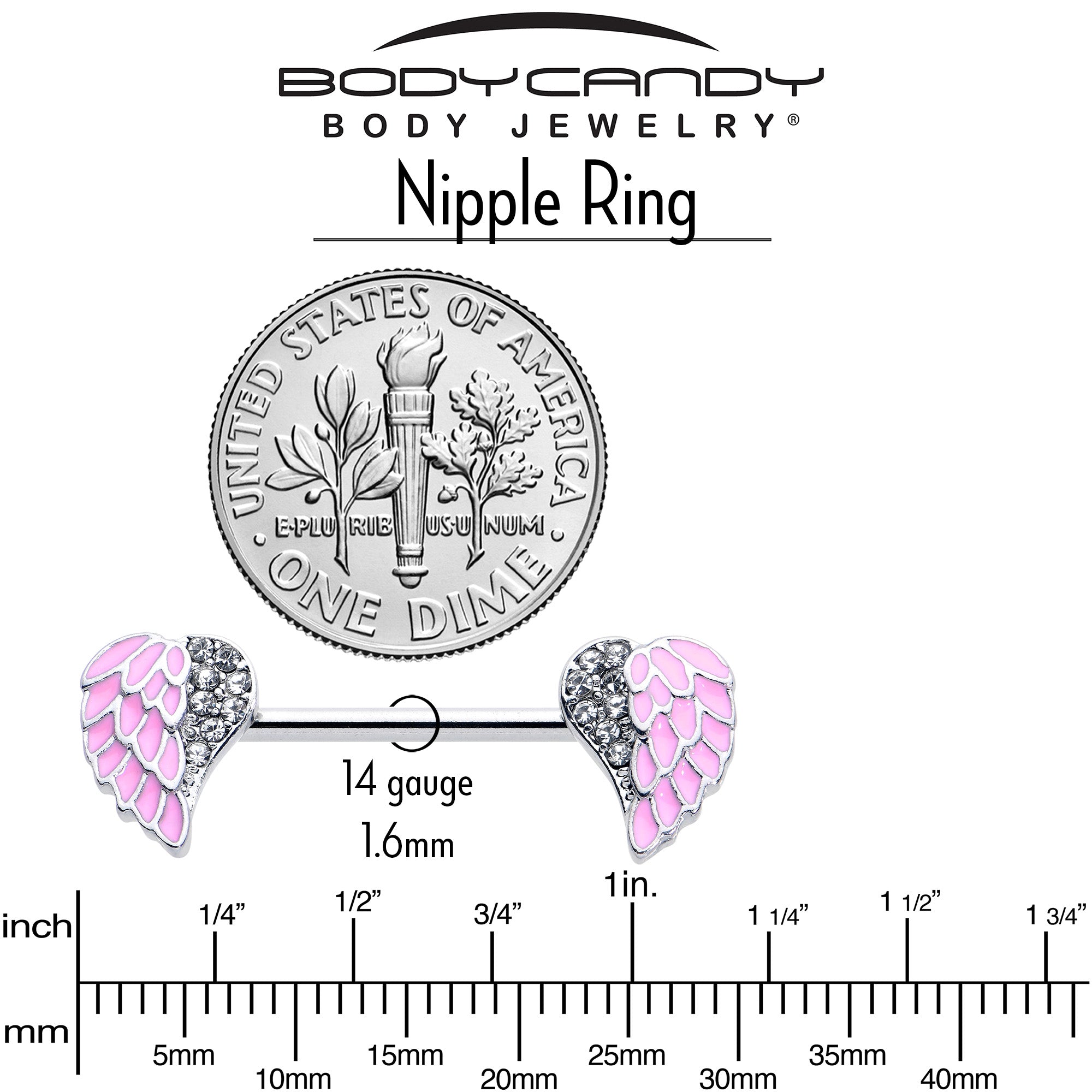 14 Gauge 9/16 Clear Gem Heavenly Heart Angel Wing Pink Nipple Ring Set