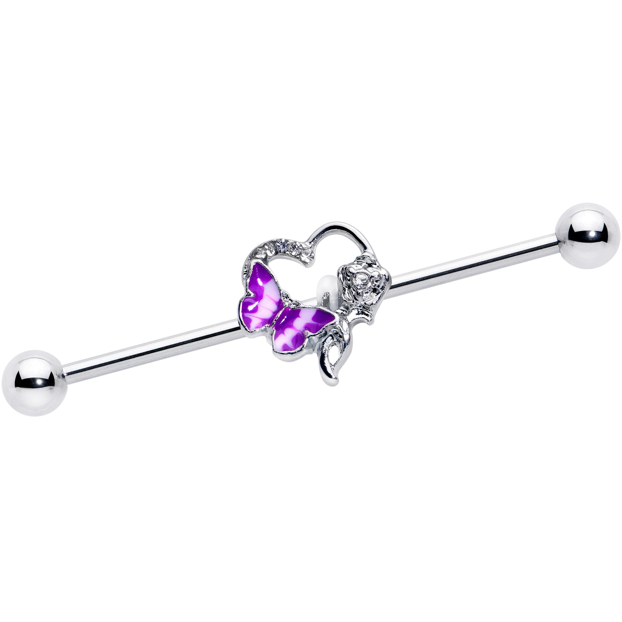 14 Gauge Clear Gem Butterfly Rose Flower Purple Industrial Barbell 38mm