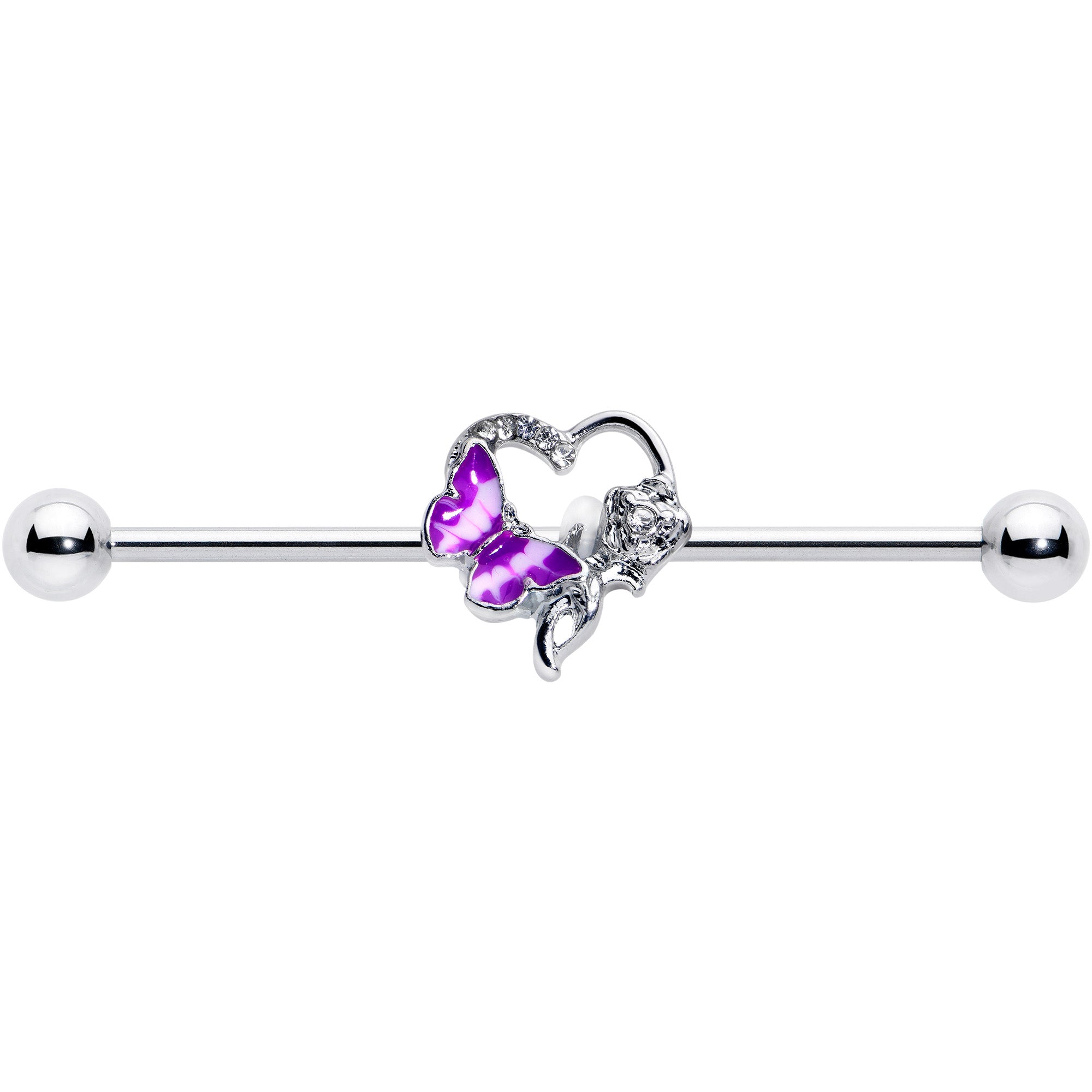 14 Gauge Clear Gem Butterfly Rose Flower Purple Industrial Barbell 38mm