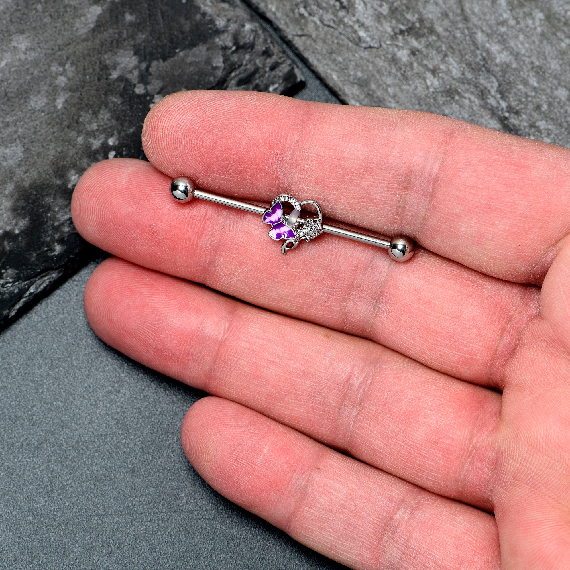 14 Gauge Clear Gem Butterfly Rose Flower Purple Industrial Barbell 38mm