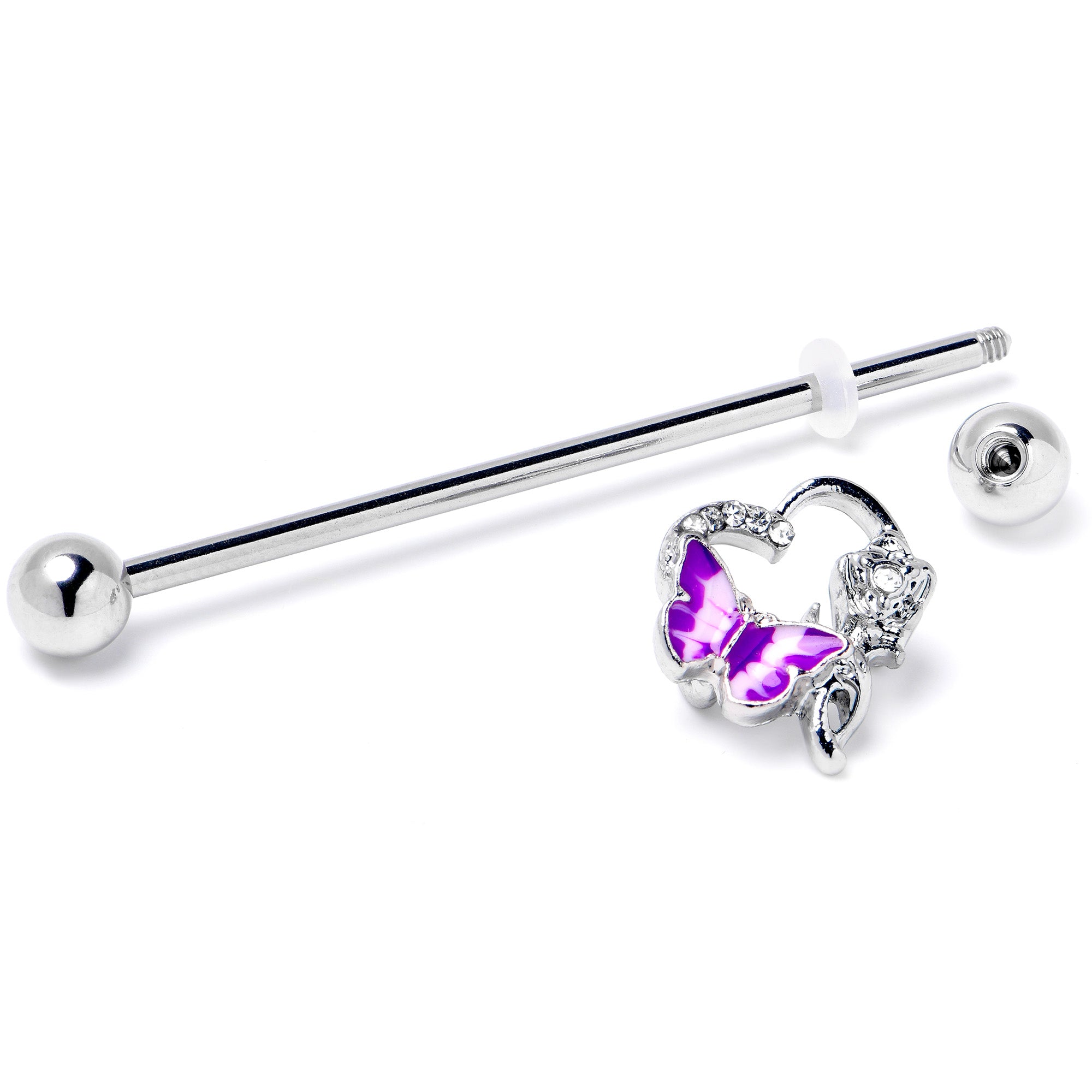 14 Gauge Clear Gem Butterfly Rose Flower Purple Industrial Barbell 38mm