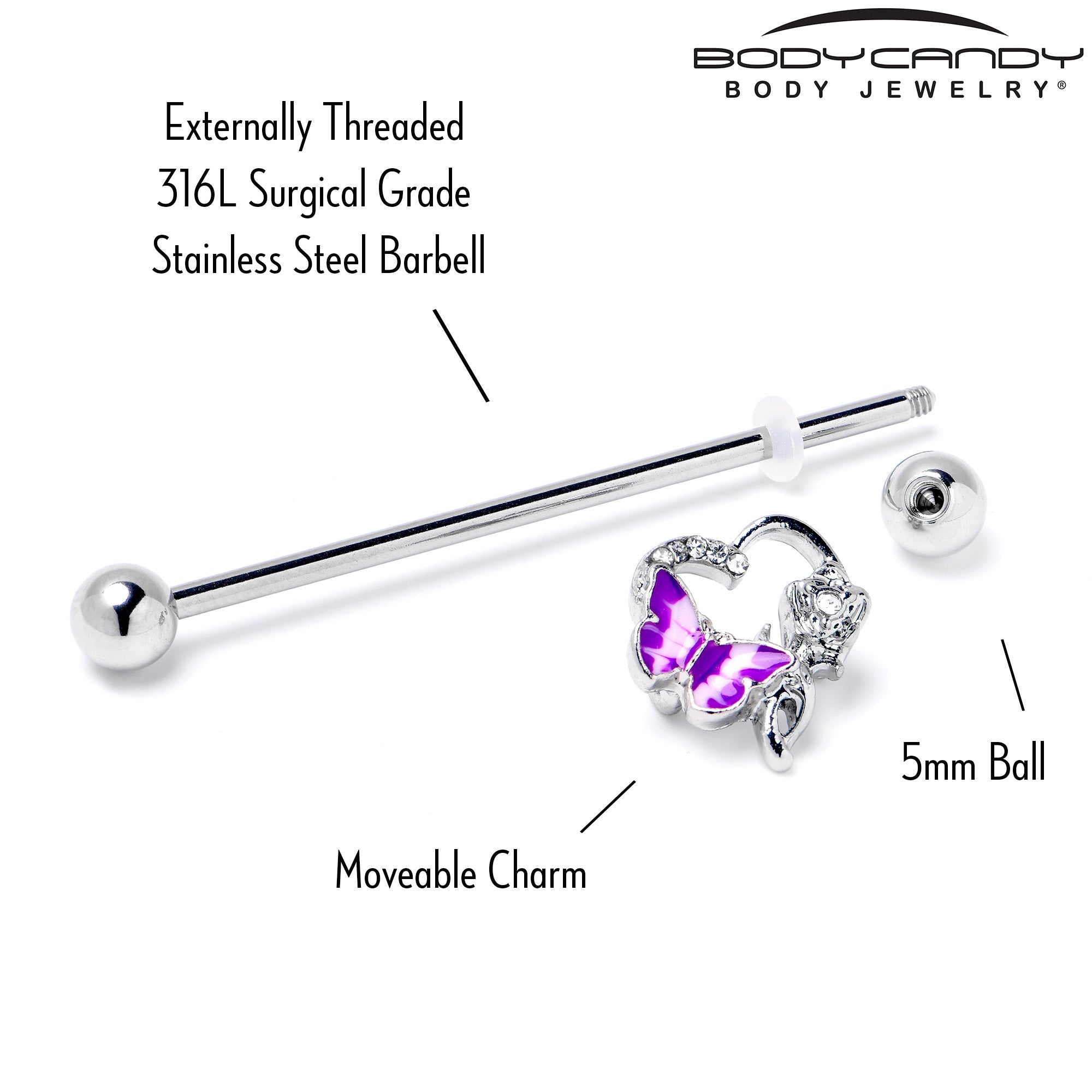 14 Gauge Clear Gem Butterfly Rose Flower Purple Industrial Barbell 38mm