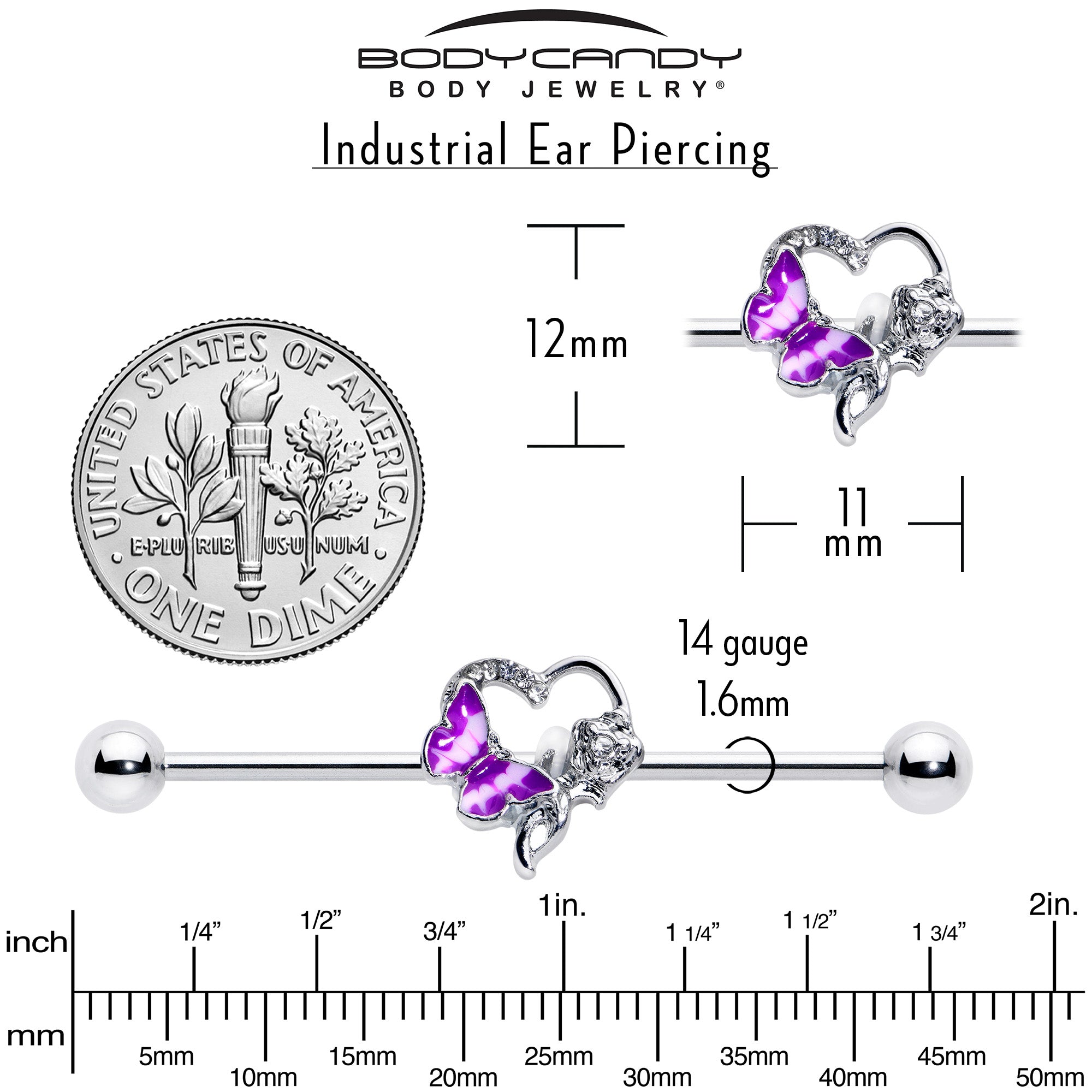 14 Gauge Clear Gem Butterfly Rose Flower Purple Industrial Barbell 38mm