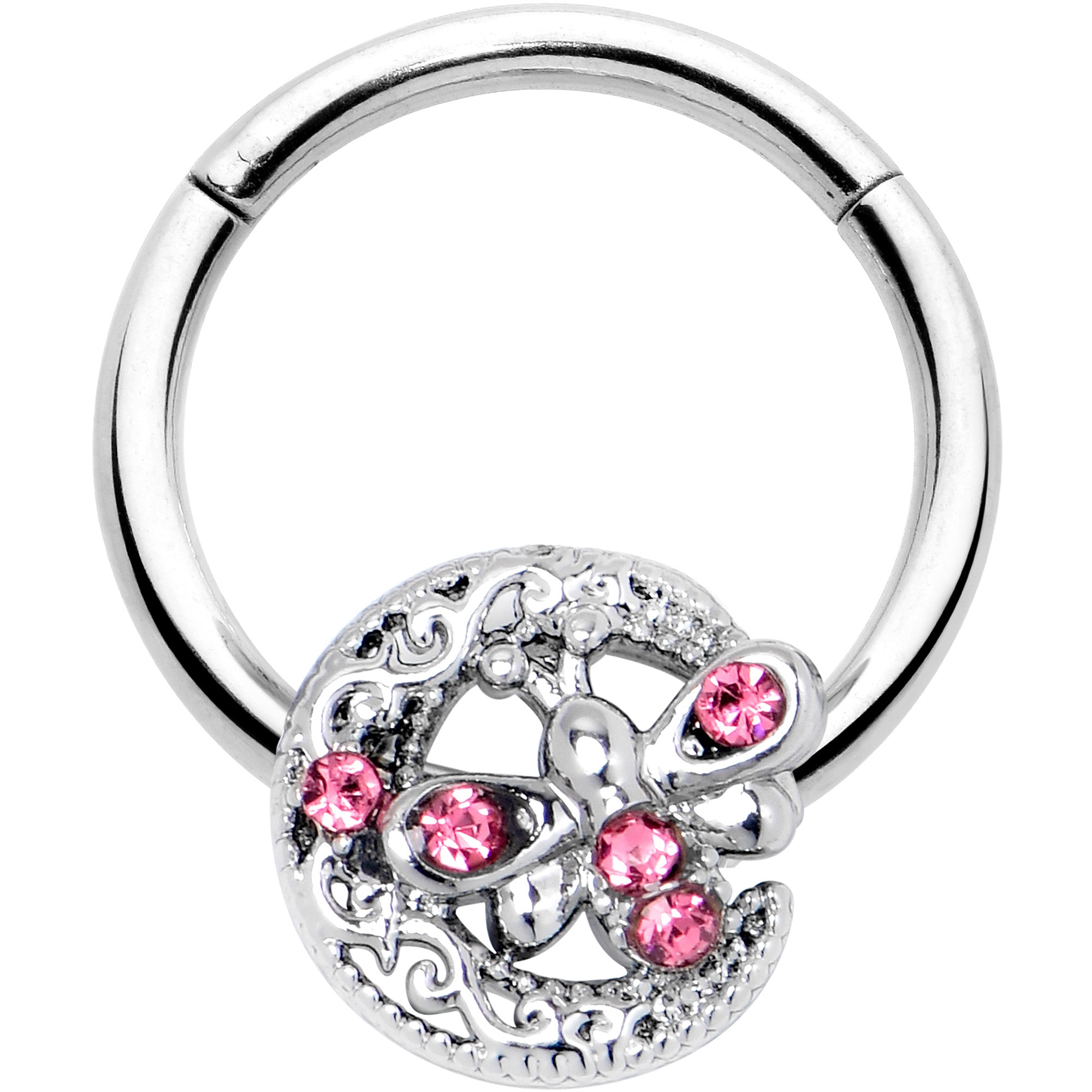 16 Gauge 3/8 Pink Gem Lunar Dragonfly Hinged Segment Ring