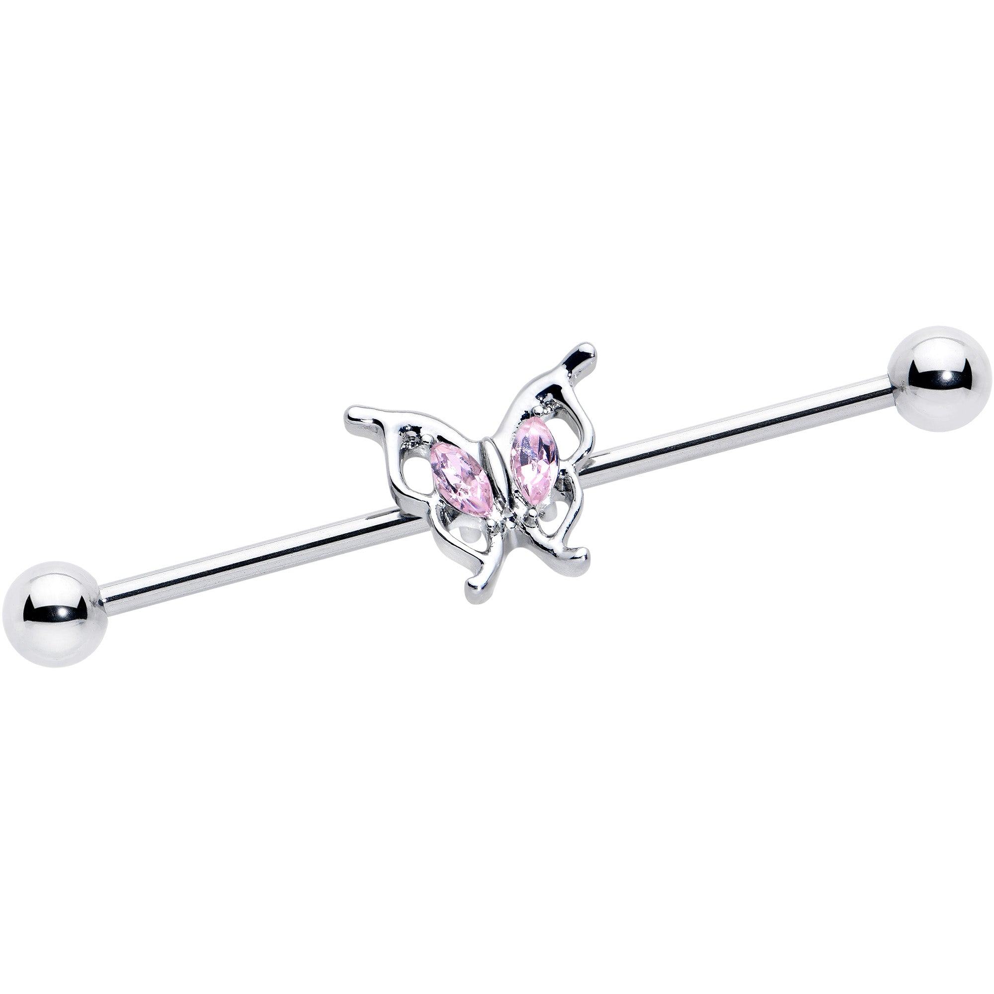 14 Gauge Pink Gem Fancy Fab Butterfly Industrial Barbell 38mm