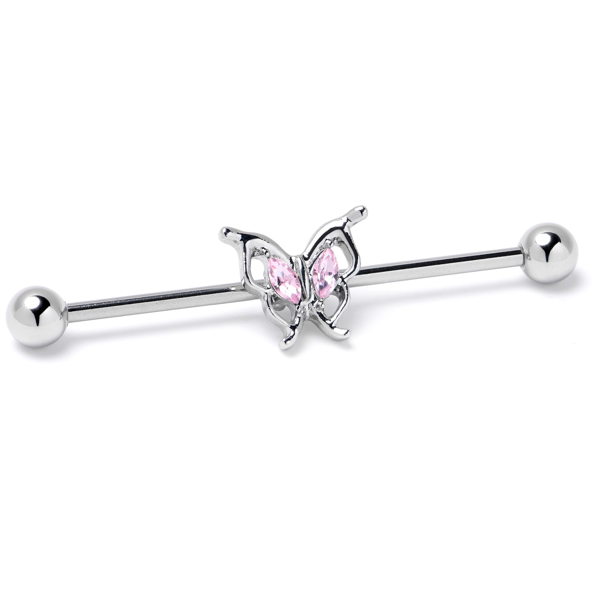 14 Gauge Pink Gem Fancy Fab Butterfly Industrial Barbell 38mm