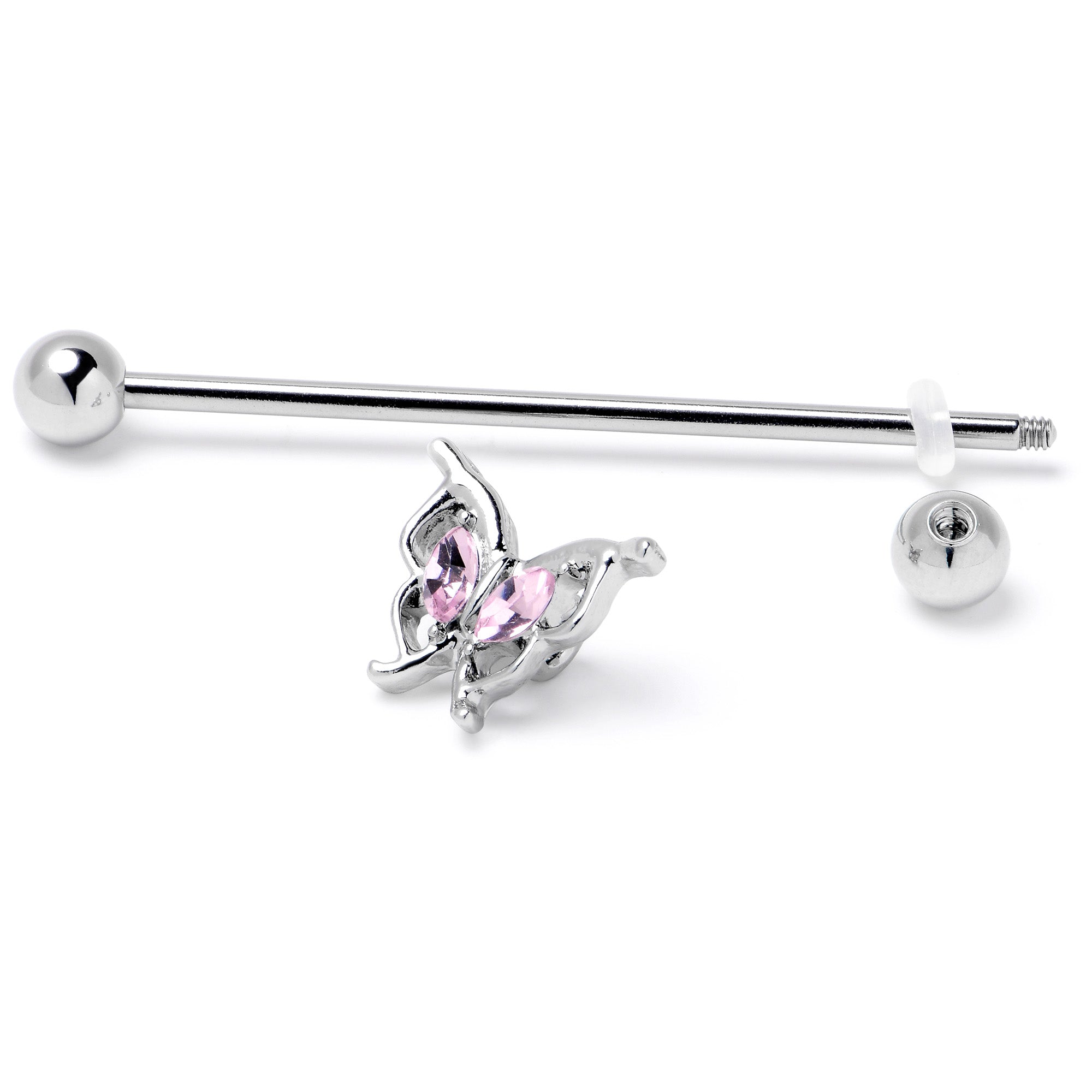 14 Gauge Pink Gem Fancy Fab Butterfly Industrial Barbell 38mm