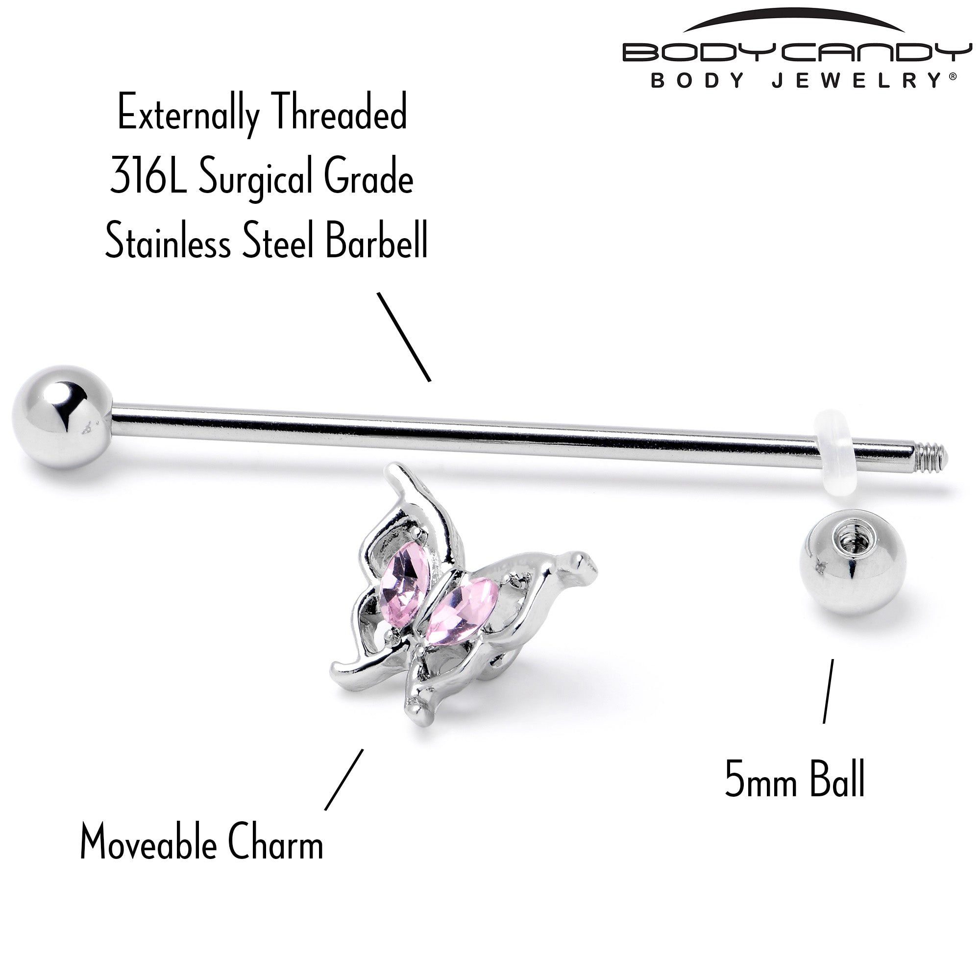 14 Gauge Pink Gem Fancy Fab Butterfly Industrial Barbell 38mm