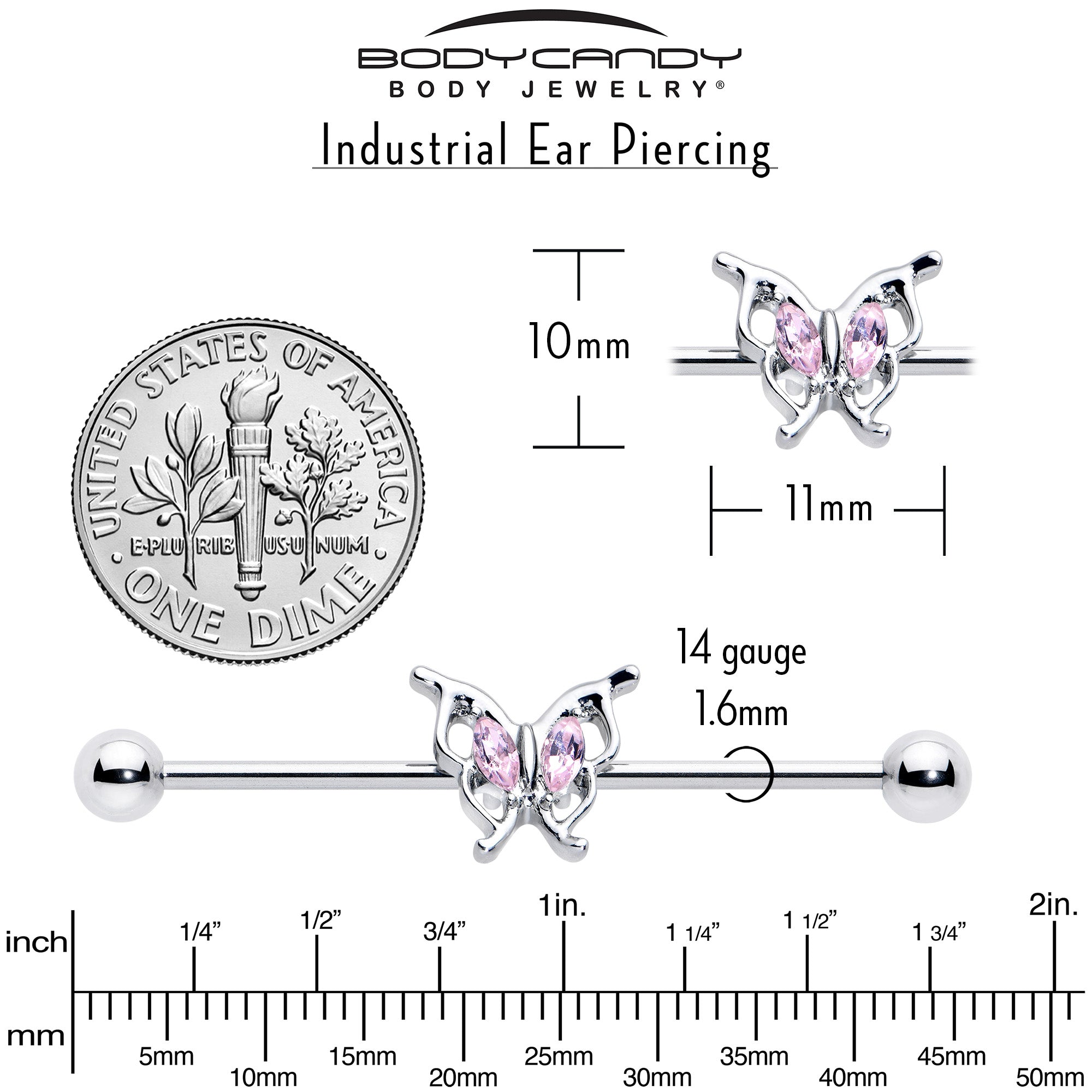 14 Gauge Pink Gem Fancy Fab Butterfly Industrial Barbell 38mm