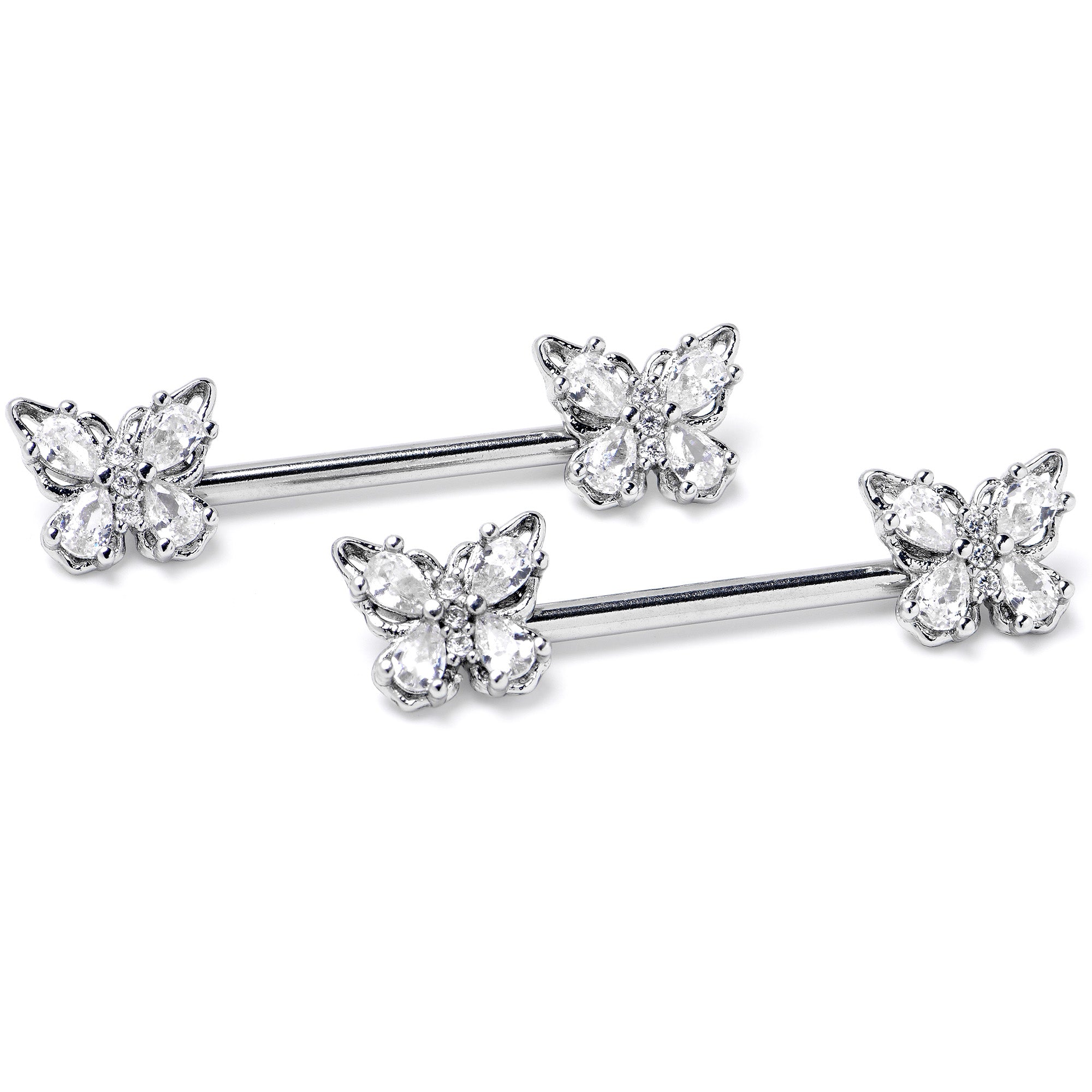 14 Gauge 9/16 Clear Gem Baroque Beauty Butterfly Barbell Nipple Ring Set