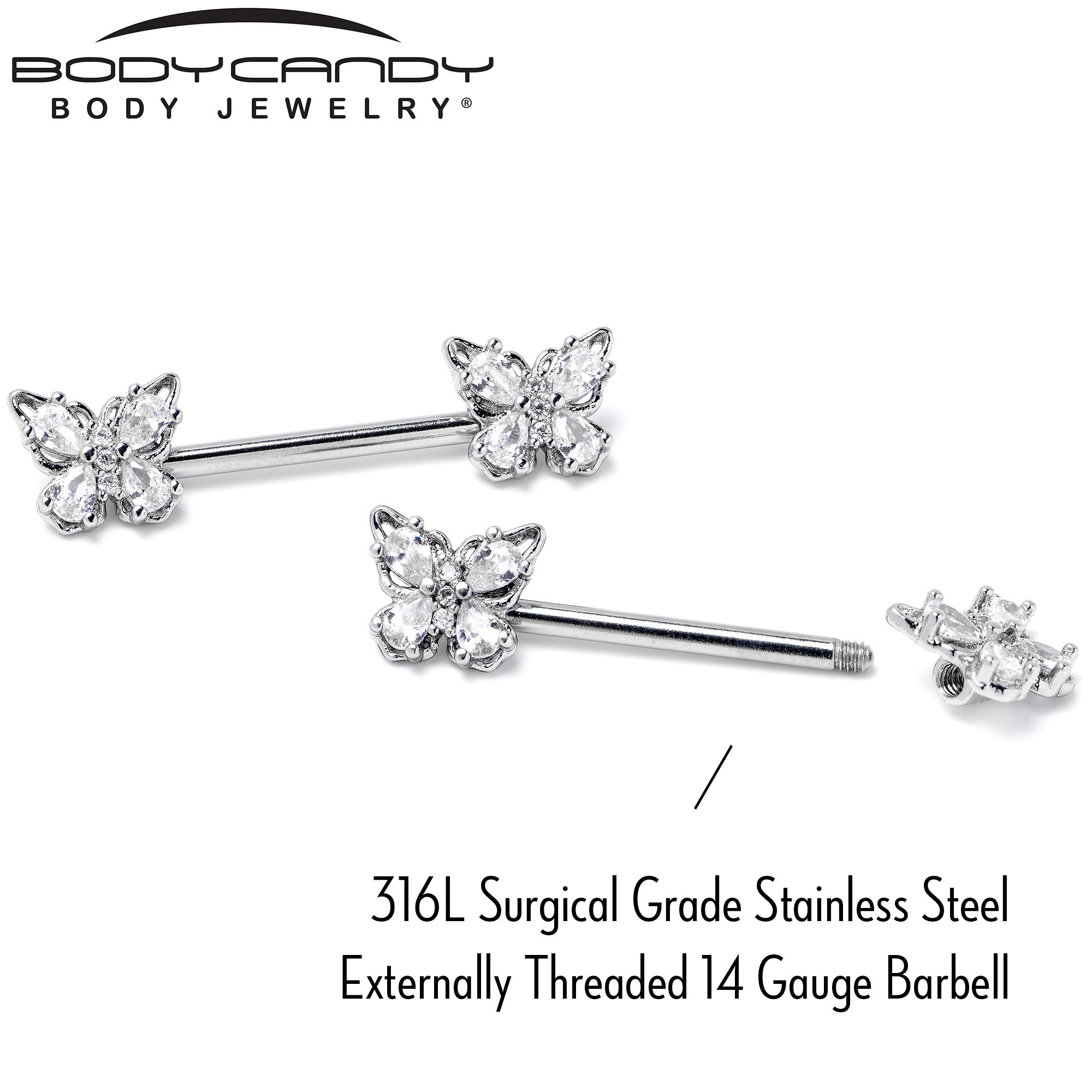 14 Gauge 9/16 Clear Gem Baroque Beauty Butterfly Barbell Nipple Ring Set