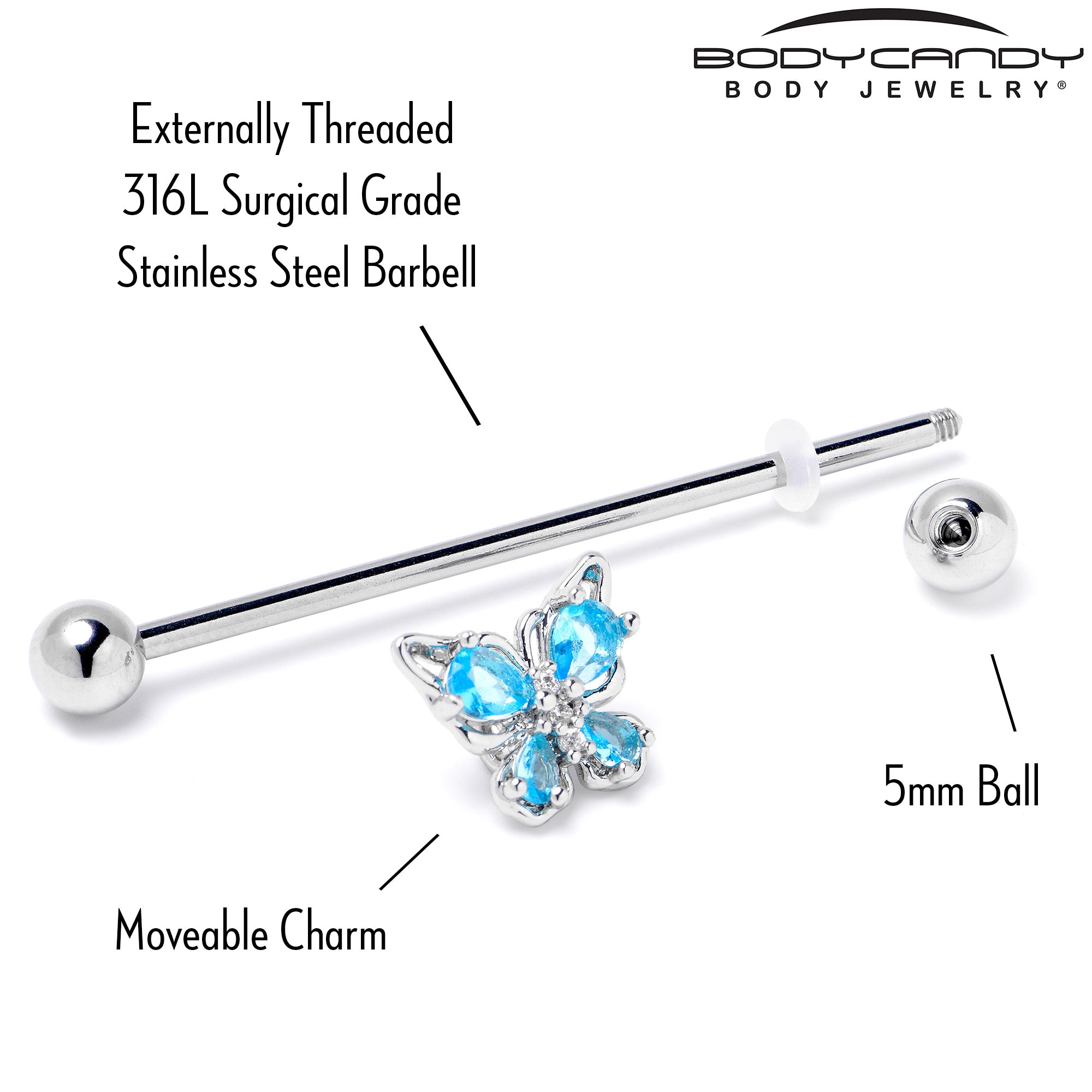 14 Gauge Blue Gem Baroque Beauty Butterfly Industrial Barbell 38mm