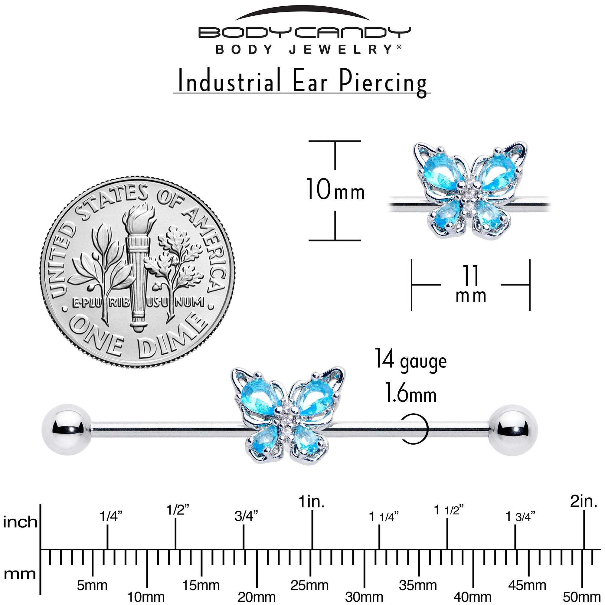 14 Gauge Blue Gem Baroque Beauty Butterfly Industrial Barbell 38mm