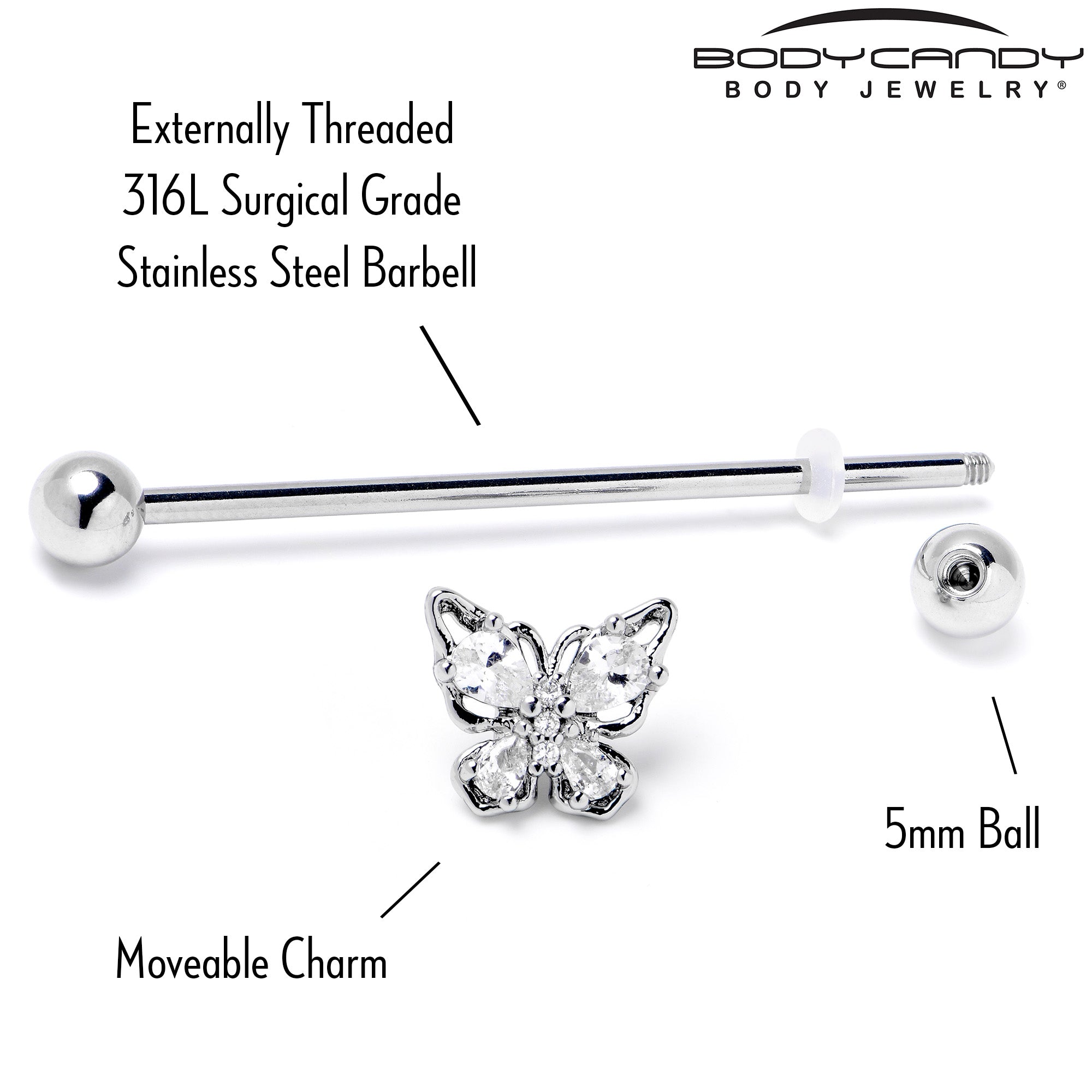 14 Gauge Clear Gem Baroque Beauty Butterfly Industrial Barbell 38mm