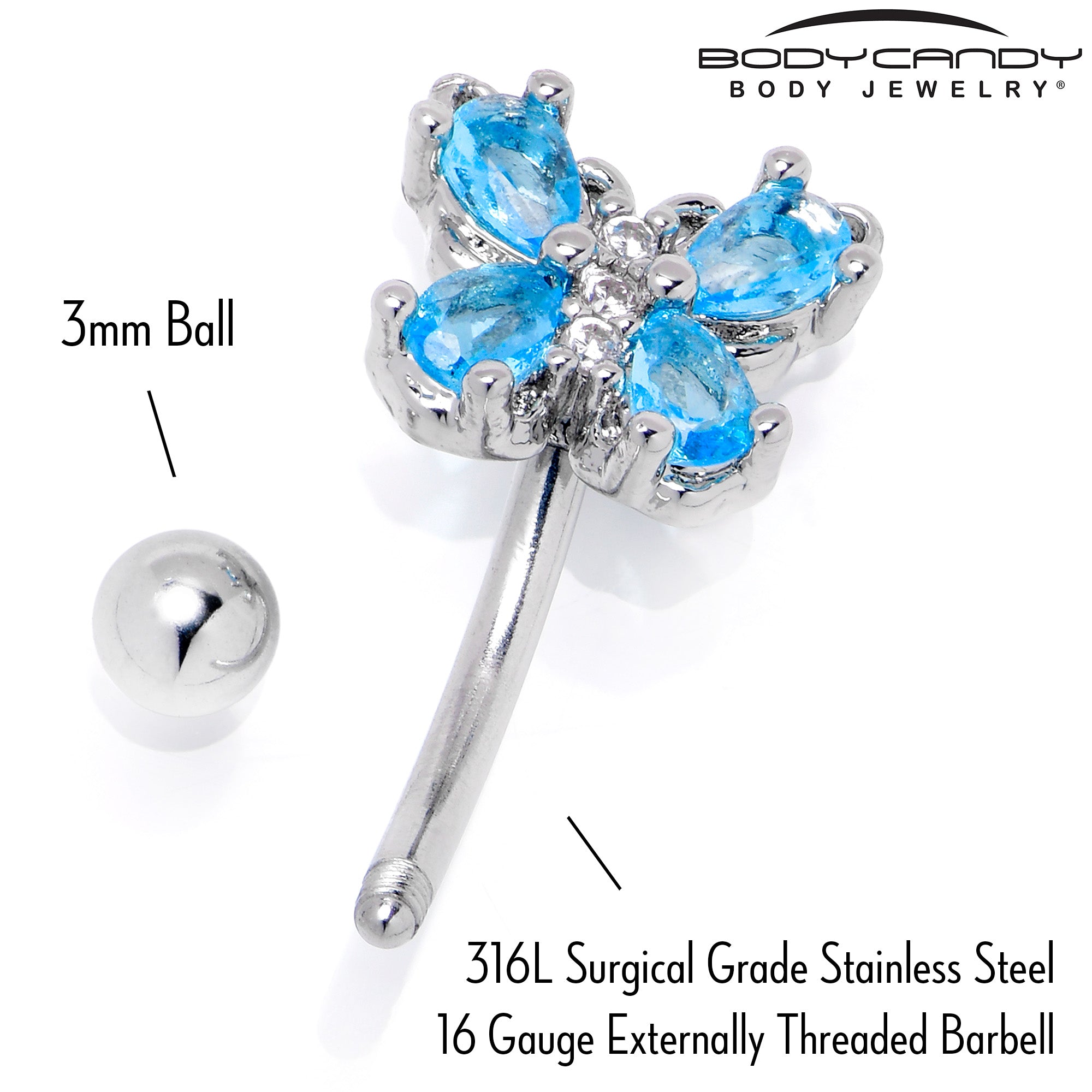 16 Gauge 5/16 Blue Gem Baroque Beauty Butterfly Curved Eyebrow Ring