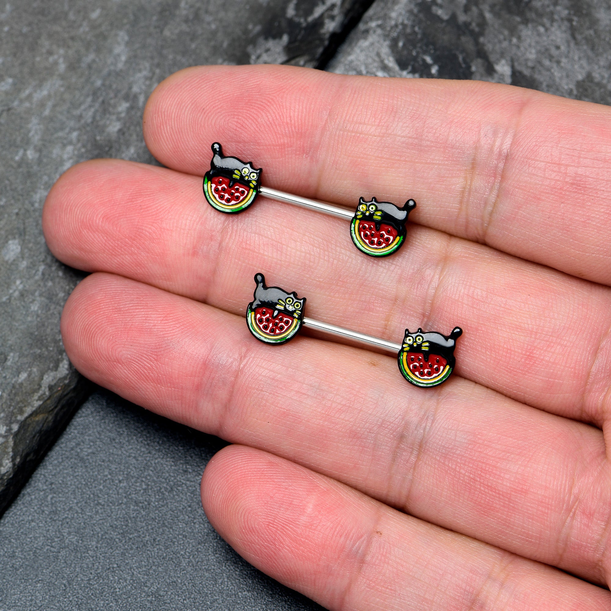 14 Gauge 9/16 Watermelon Cat Love Barbell Nipple Ring Set