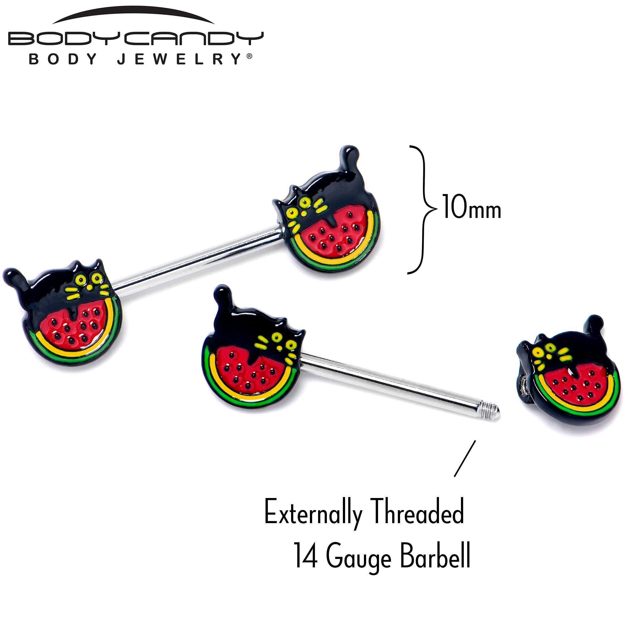 14 Gauge 9/16 Watermelon Cat Love Barbell Nipple Ring Set