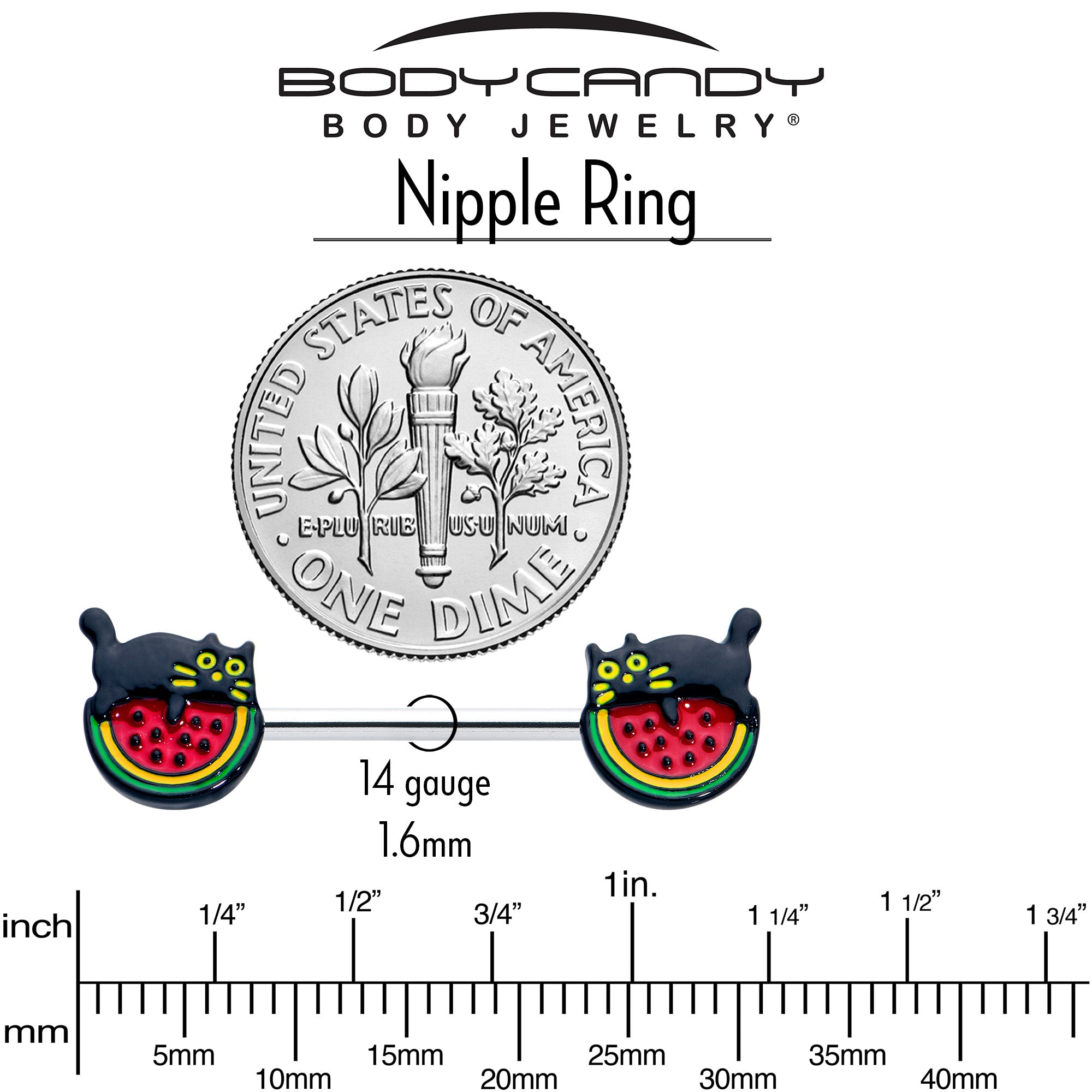 14 Gauge 9/16 Watermelon Cat Love Barbell Nipple Ring Set