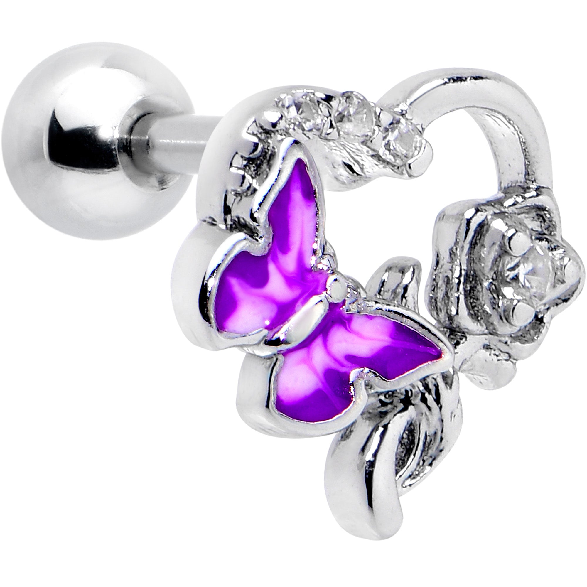 16 Gauge 1/4 Clear CZ Gem Butterfly Flower Purple Cartilage Earring