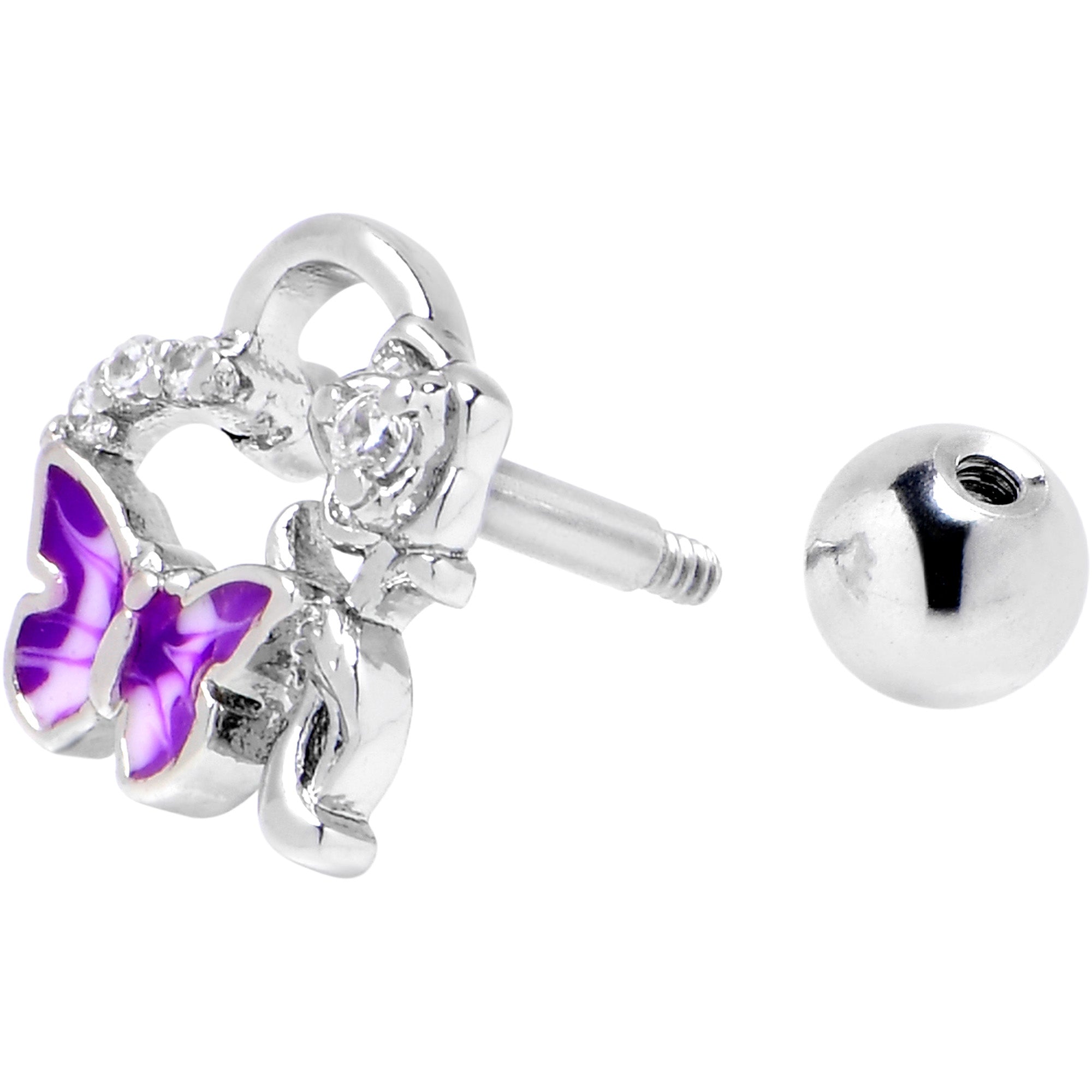 16 Gauge 1/4 Clear CZ Gem Butterfly Flower Purple Cartilage Earring