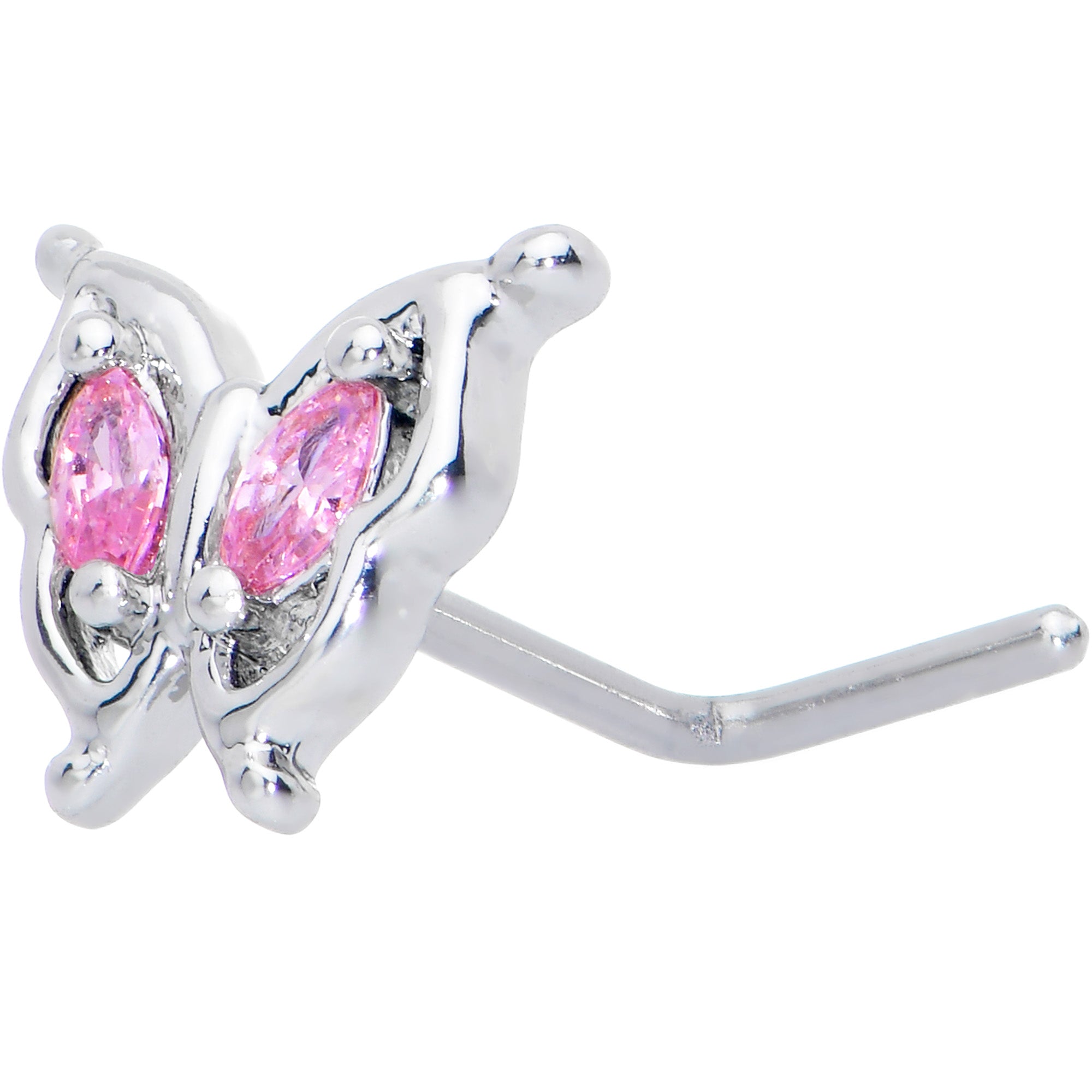 20 Gauge 7mm Pink Gem Fancy Fab Butterfly L Shape Nose Ring