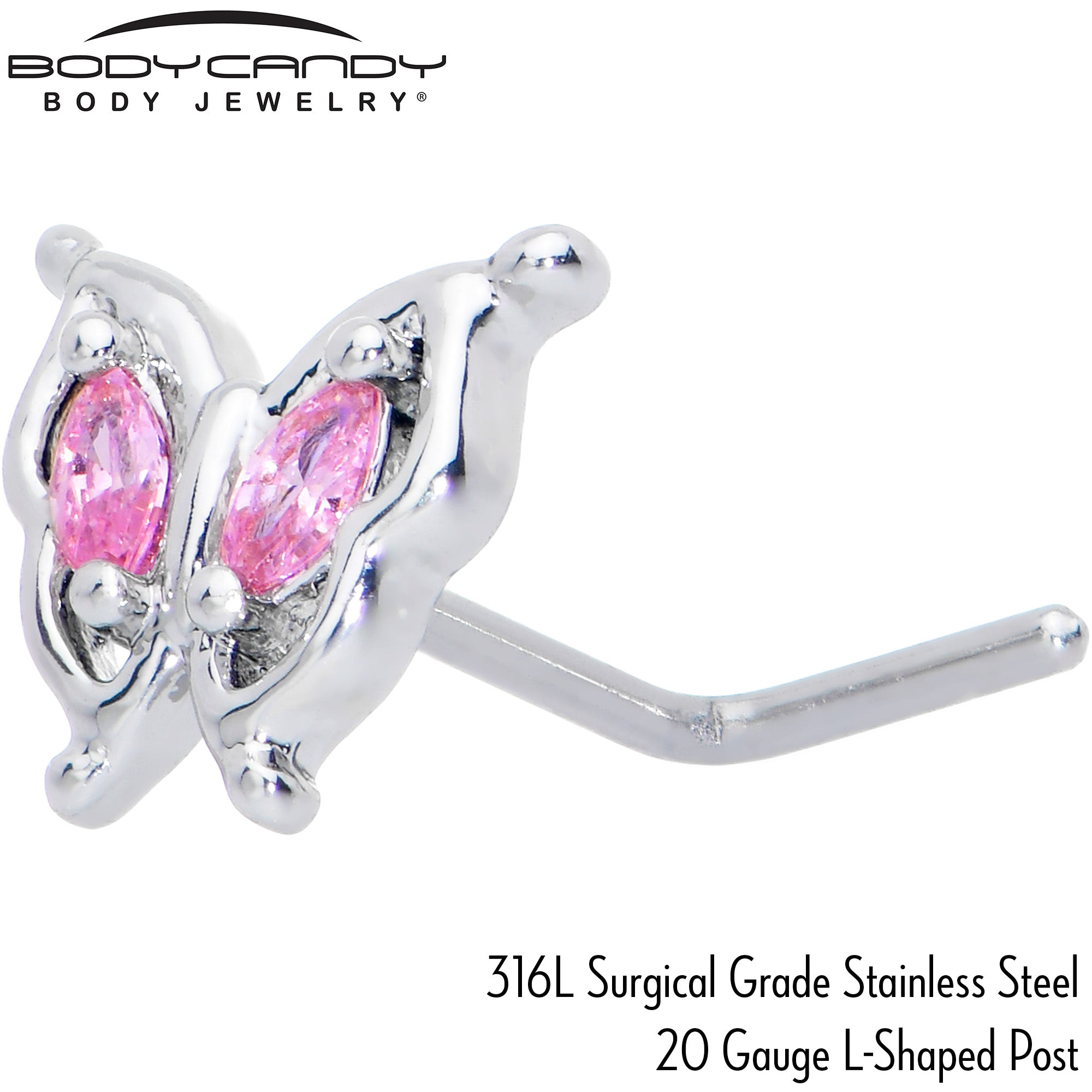 20 Gauge 7mm Pink Gem Fancy Fab Butterfly L Shape Nose Ring