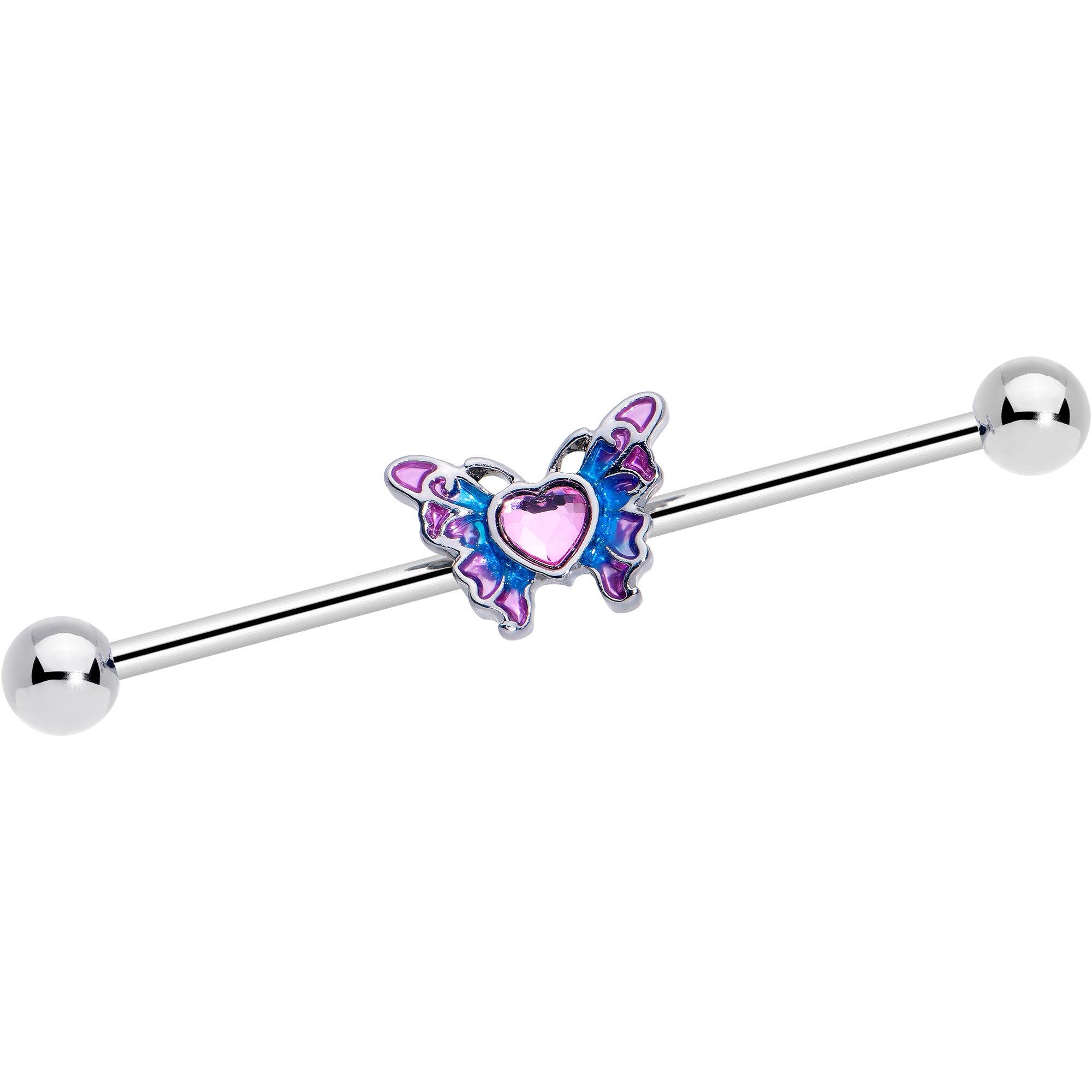 14 Gauge Pink Gem Heart Butterfly Purple Industrial Barbell 38mm