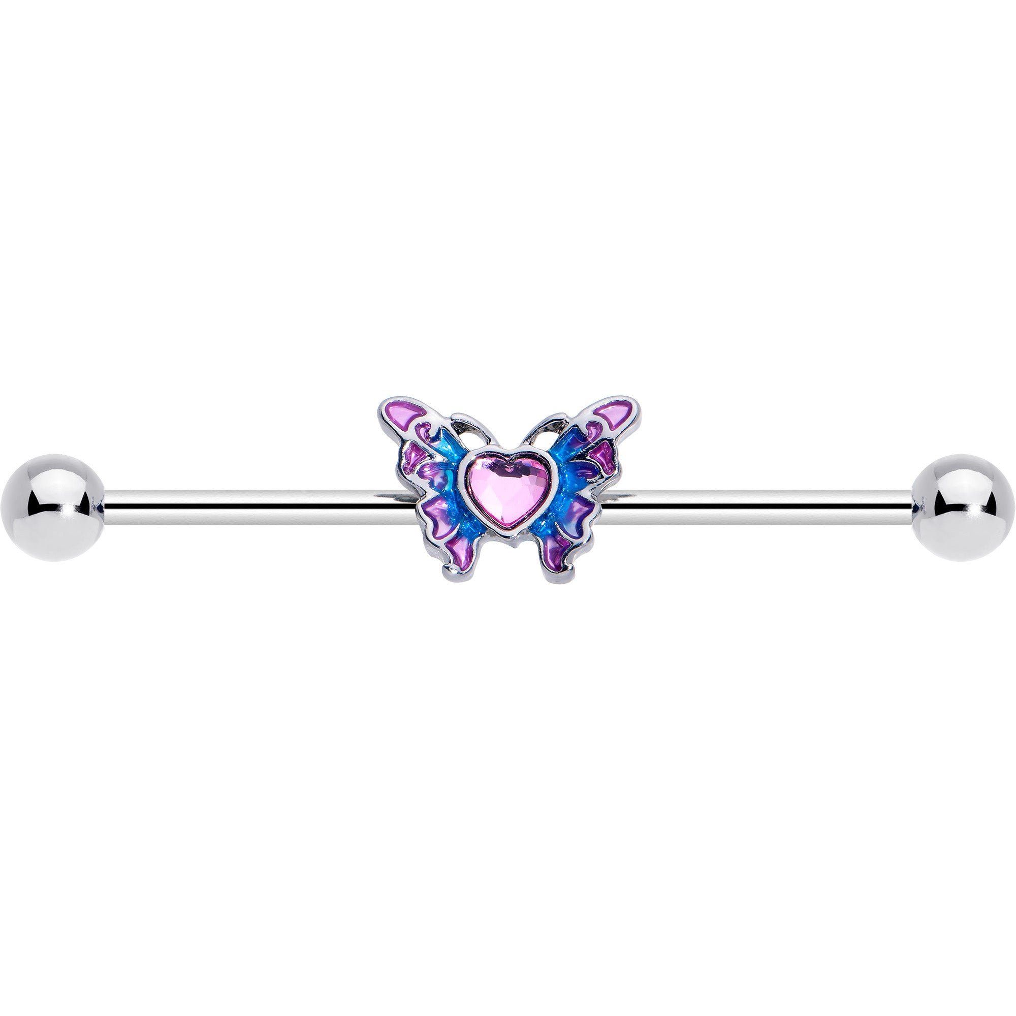 14 Gauge Pink Gem Heart Butterfly Purple Industrial Barbell 38mm