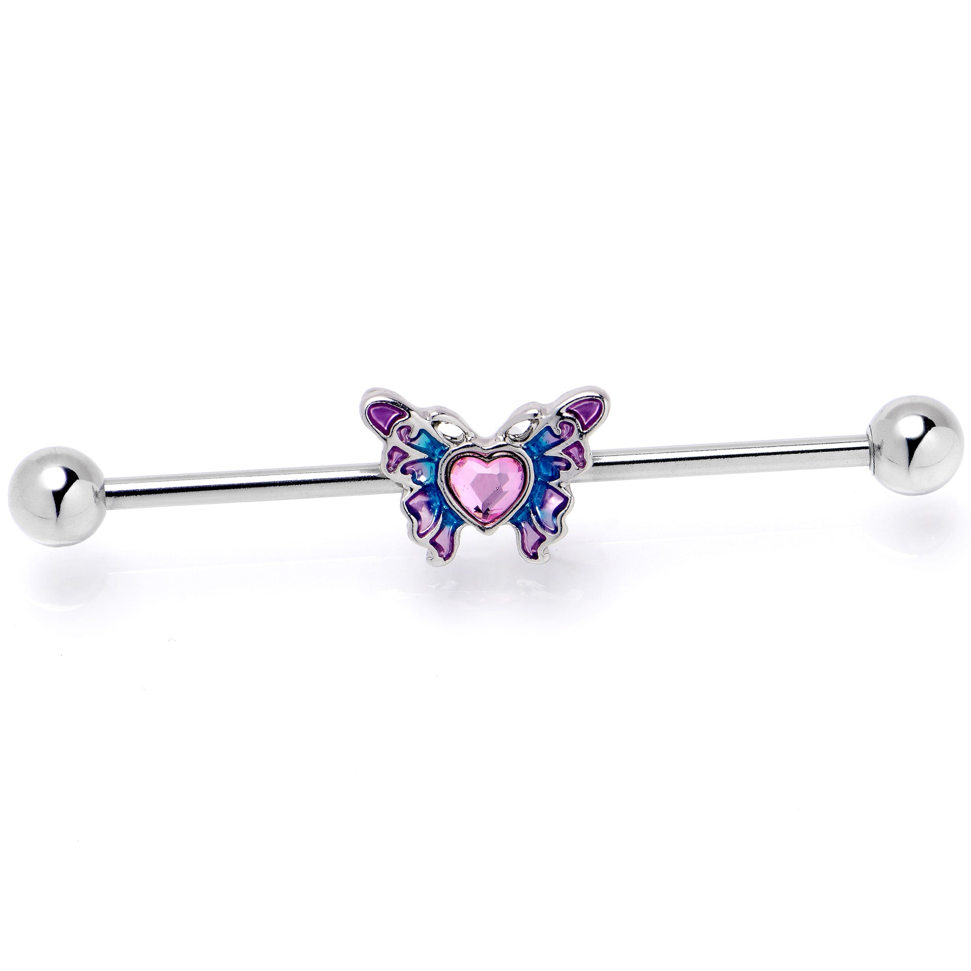 14 Gauge Pink Gem Heart Butterfly Purple Industrial Barbell 38mm