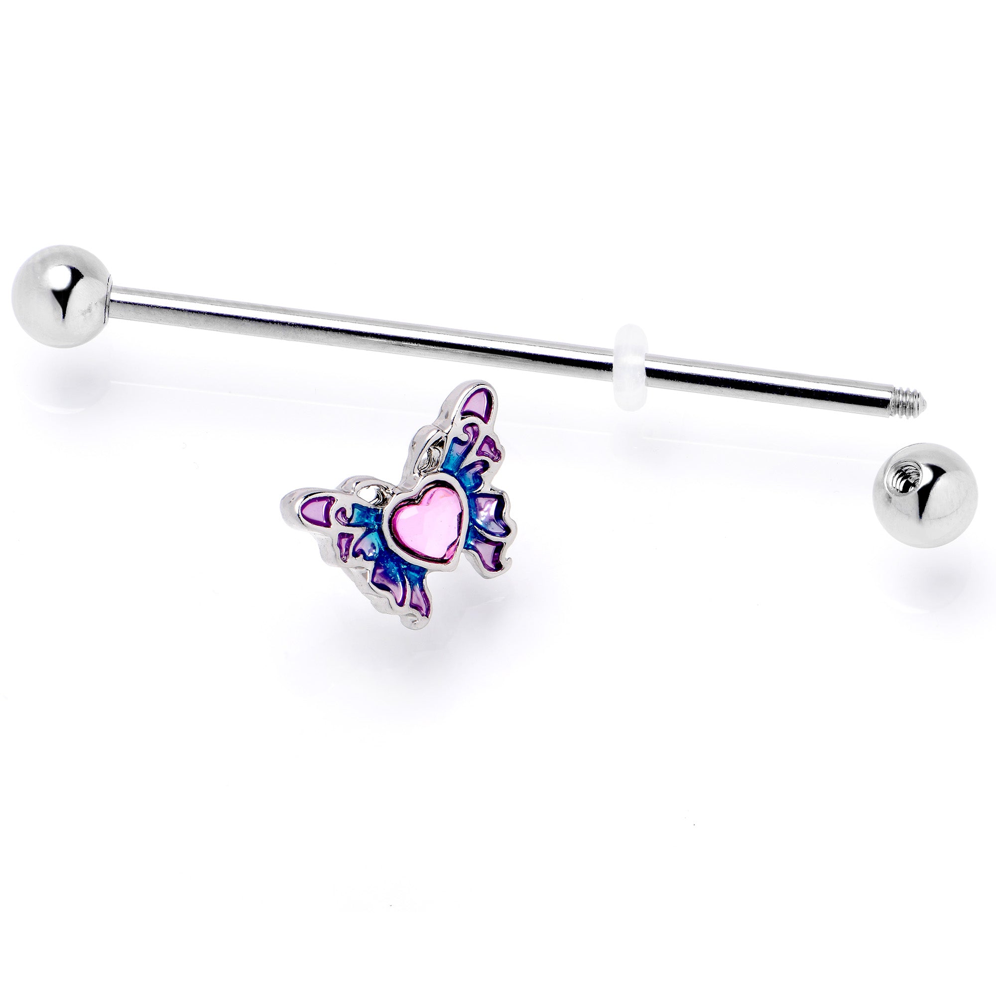 14 Gauge Pink Gem Heart Butterfly Purple Industrial Barbell 38mm