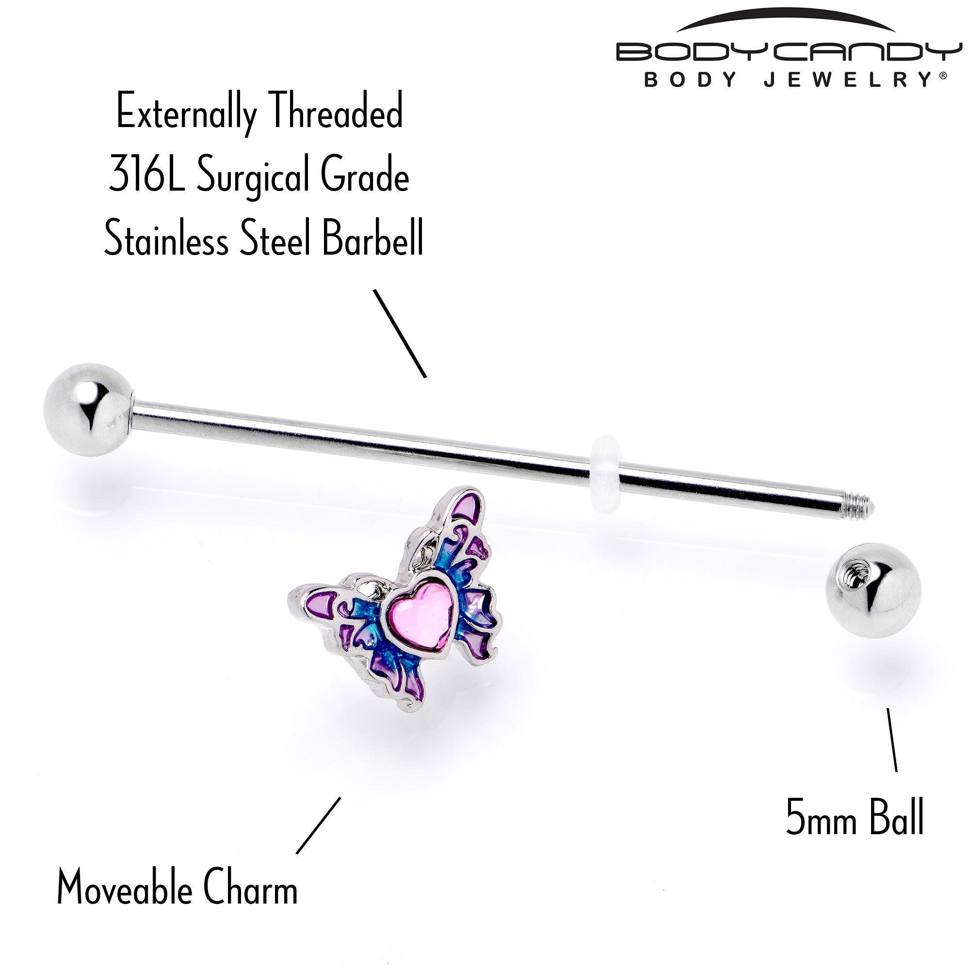 14 Gauge Pink Gem Heart Butterfly Purple Industrial Barbell 38mm